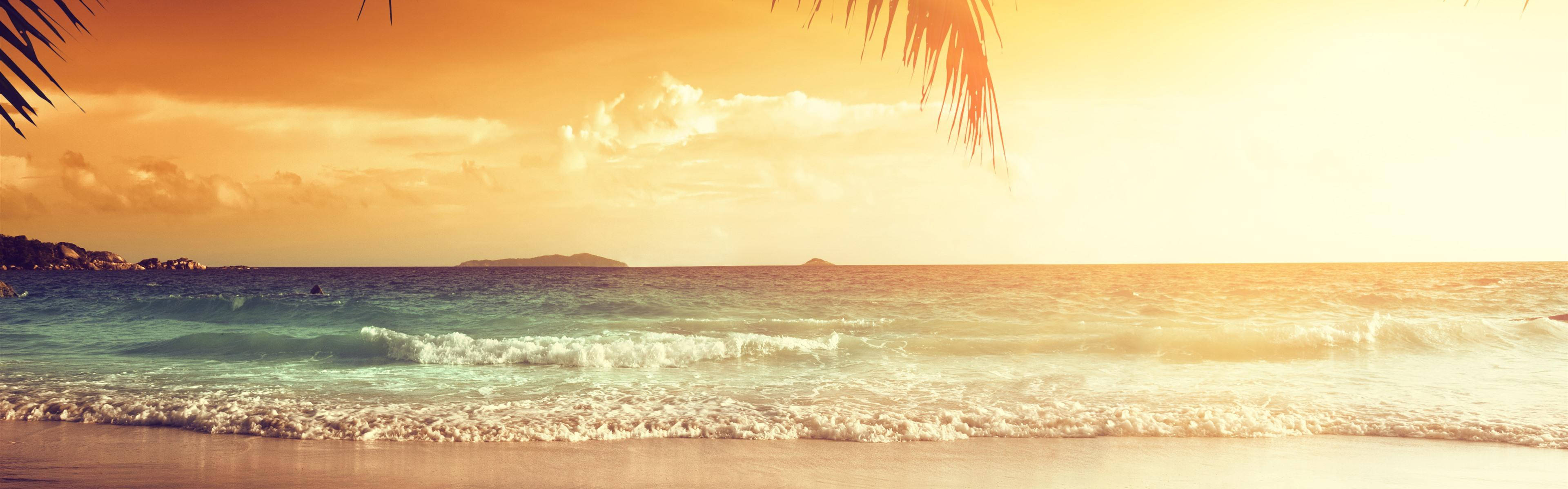 3840x1200 Download 4K Dual Monitor Beach During Sunset Wallpaper