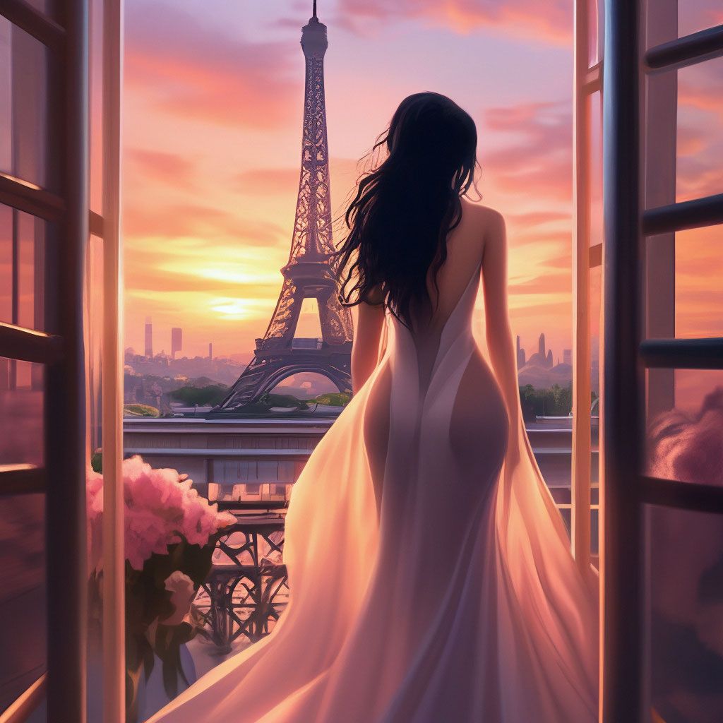 1024x1024 girl, behind, looking out the window, french eiffel tower, black hair
