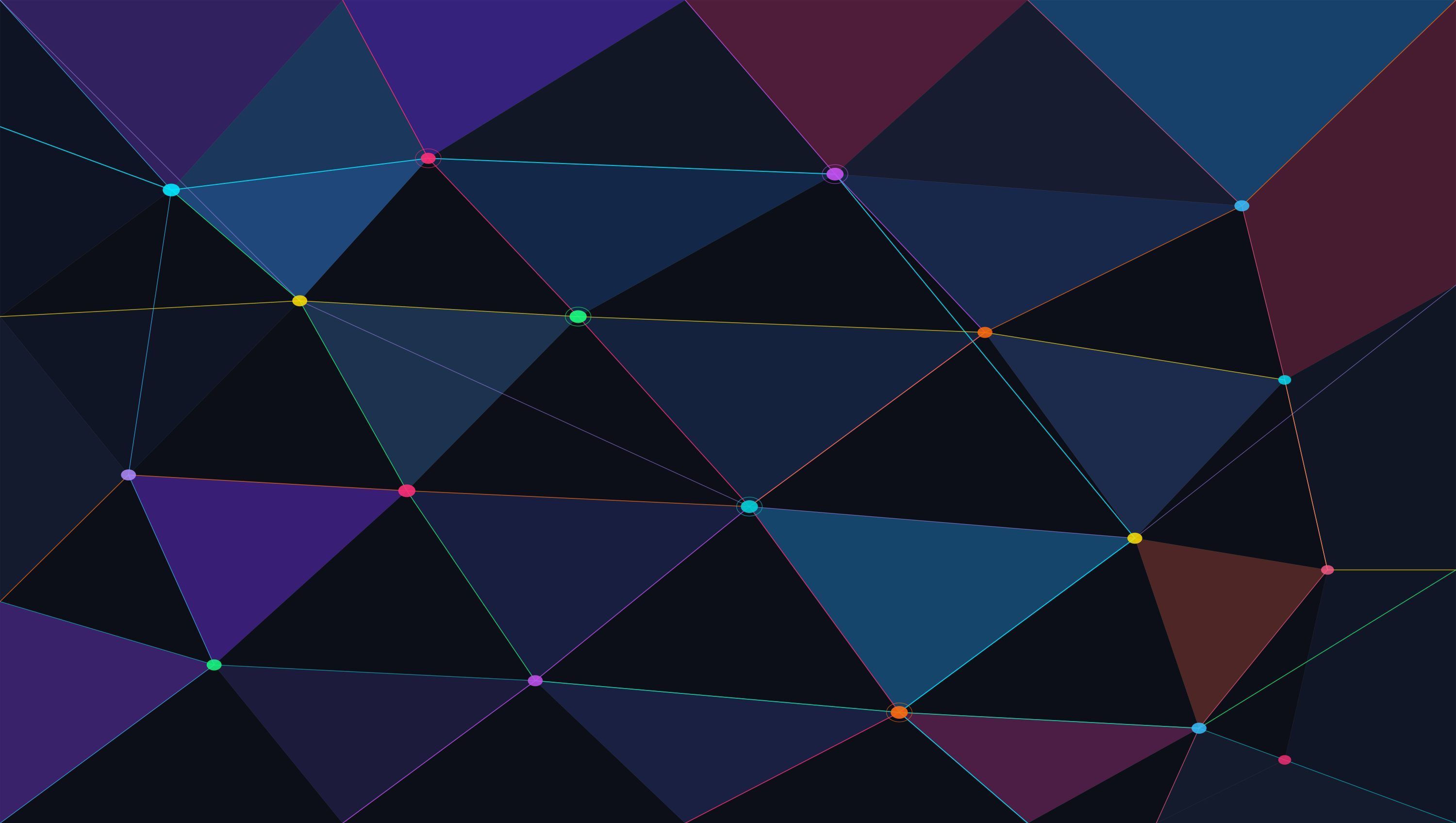 3000x1696 Dark abstract background with colorful geometric triangles and connected dots Vector Illustration