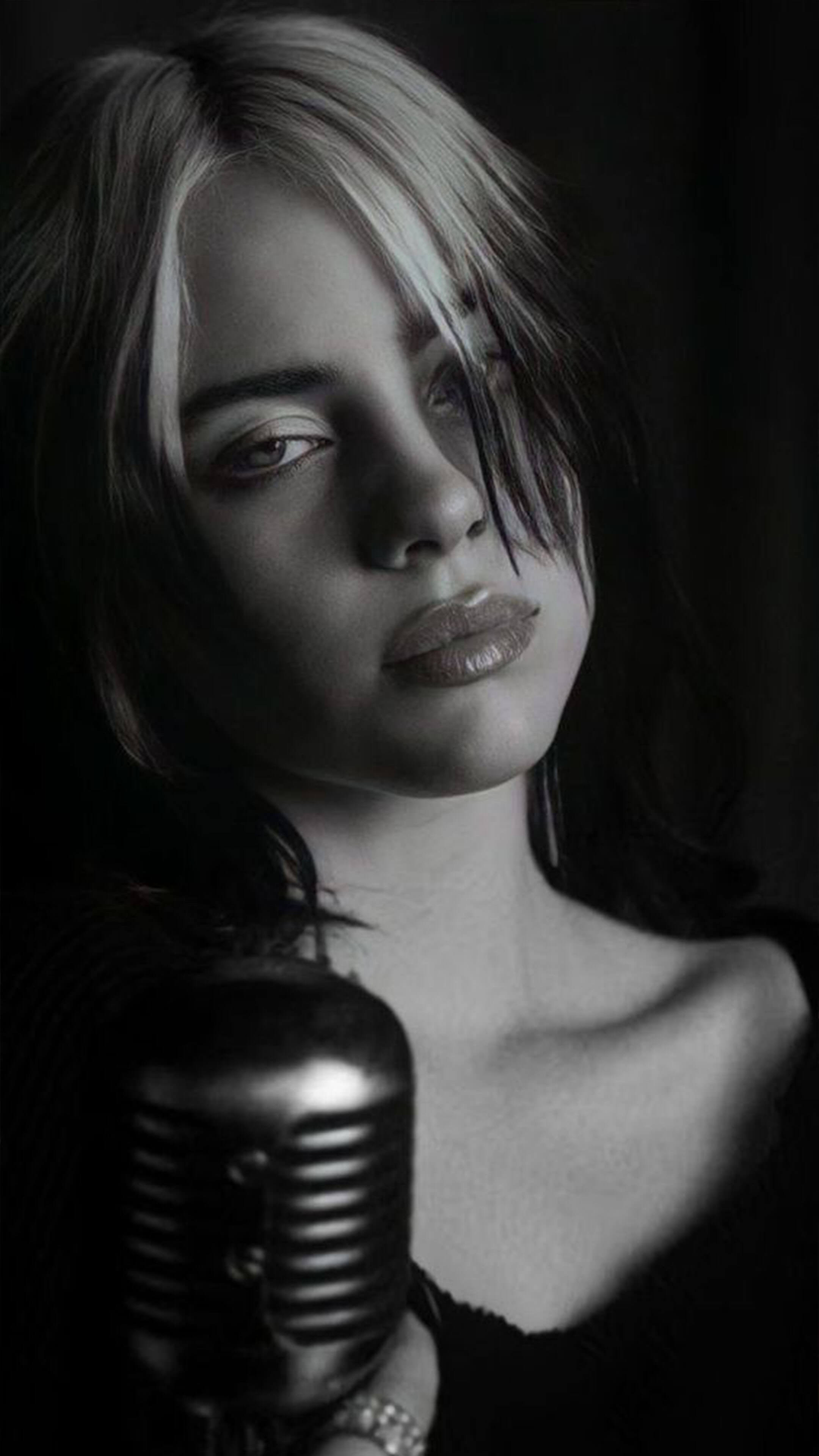 2160x3840 Billie Eilish With Mic Monochrome 4K Ultra HD Mobile Wallpaper for iPhone & Android