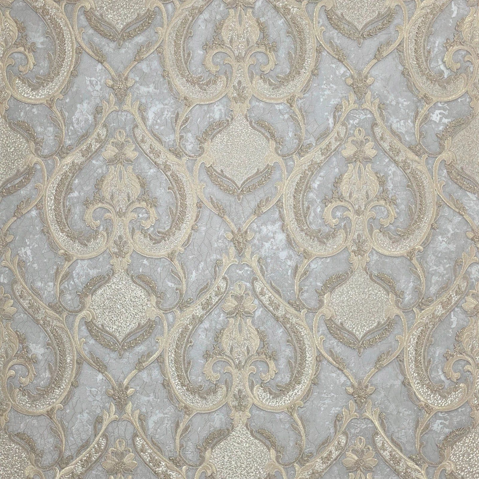 1600x1600 M31901 Soft silver Gray beige gold metallic plaster textured Victorian damask Wallpaper