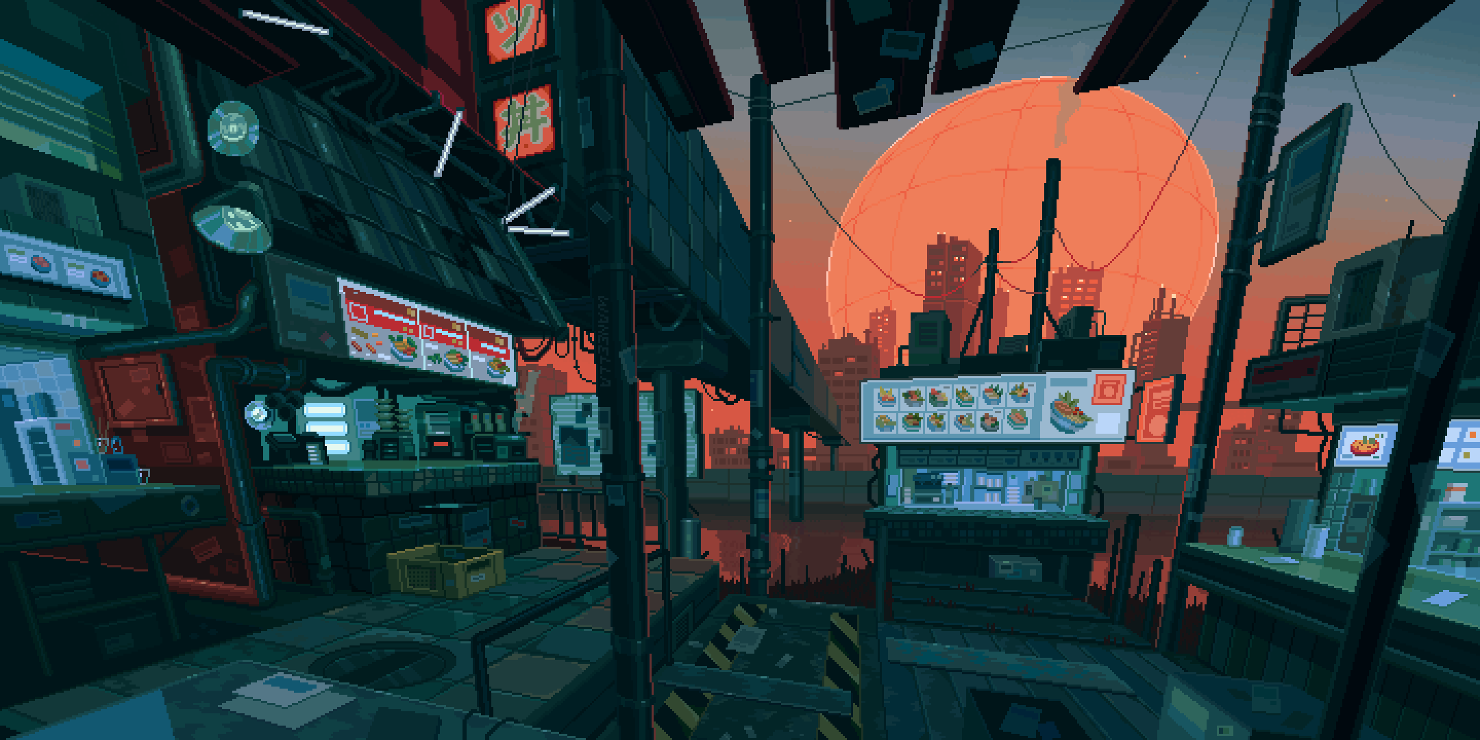 2160x1080 Futuristic City at Sunset. Pixel art dual monitor wallpaper, Waneella pixel art wallpaper, Cyberpunk alley
