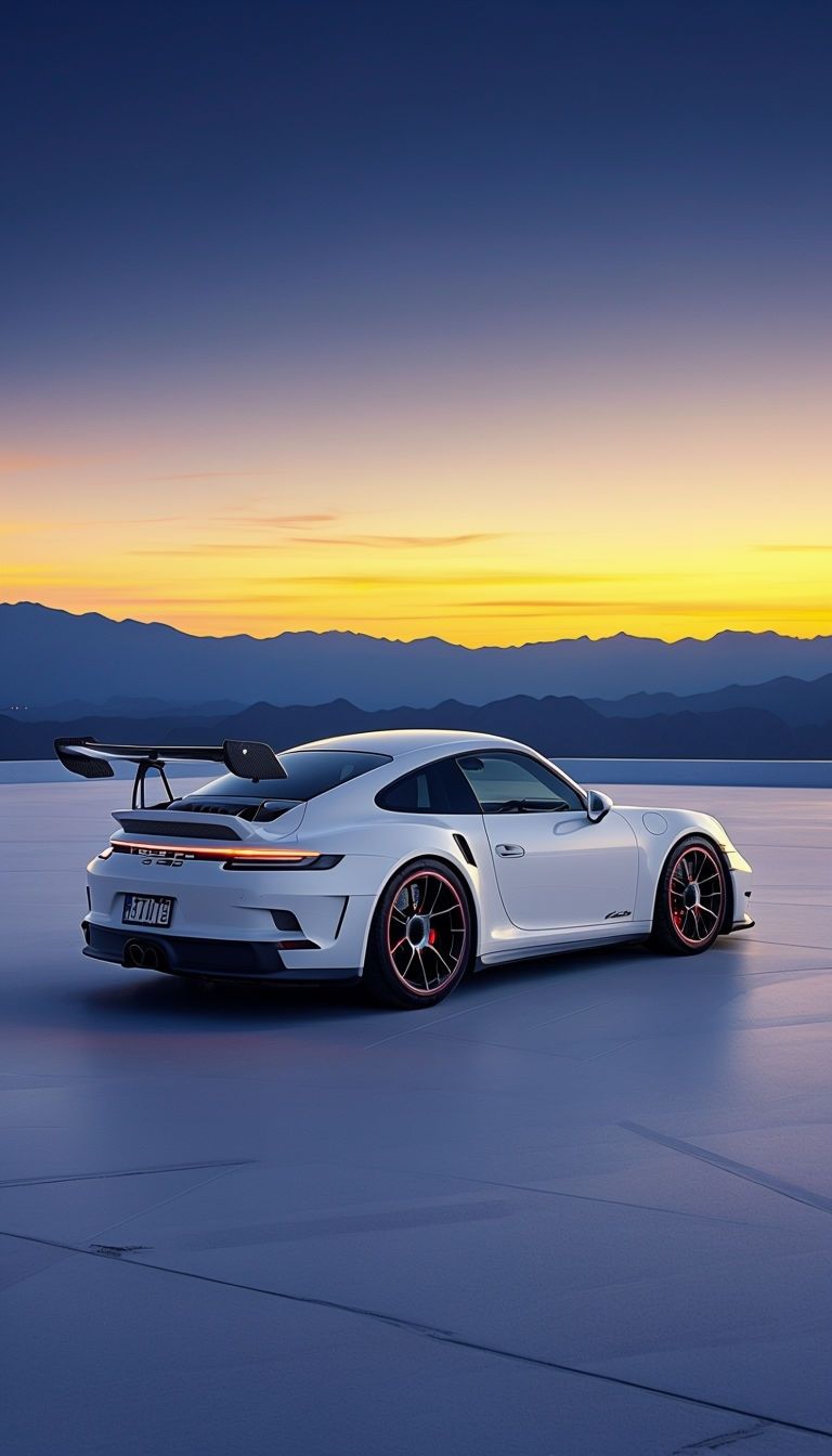 768x1344 Sleek White Porsche 911 GT3 at Twilight with Stunning Sky Mobile Wallpaper