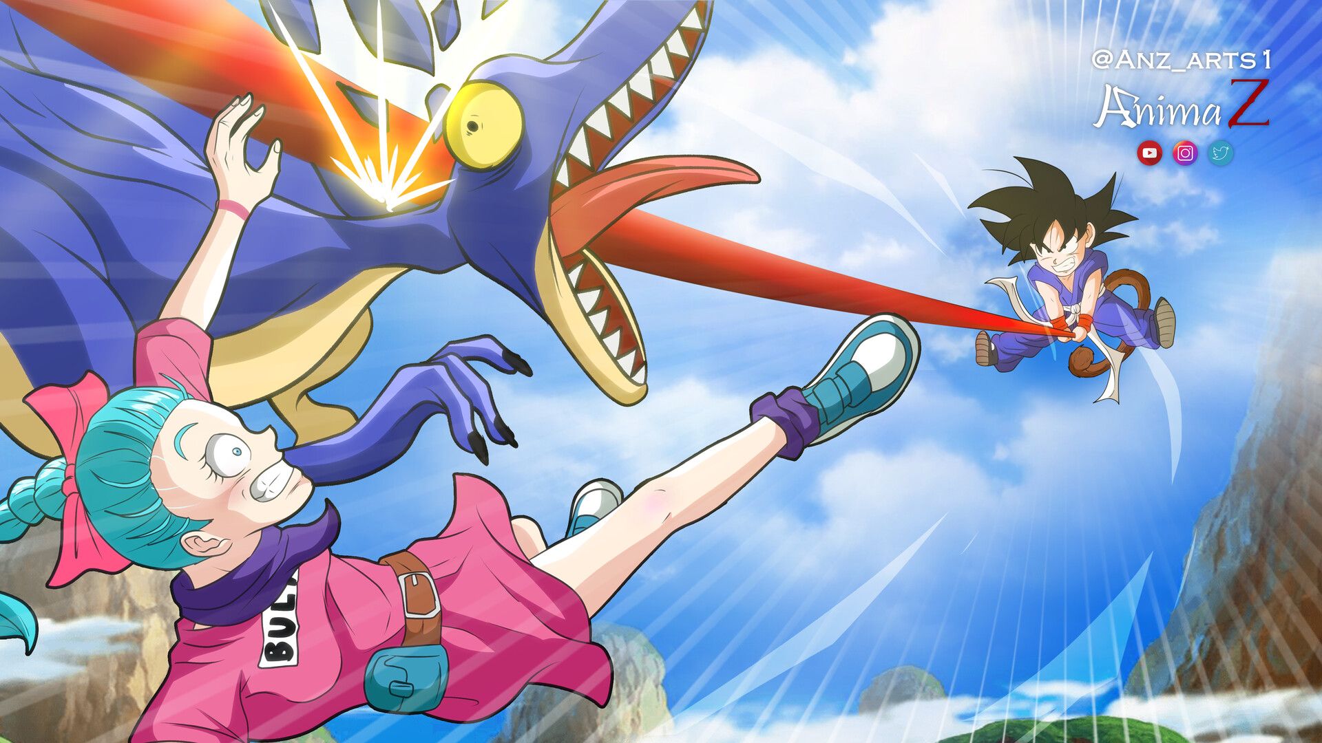 1920x1080 Kid Goku saves Bulma from a dinossaur