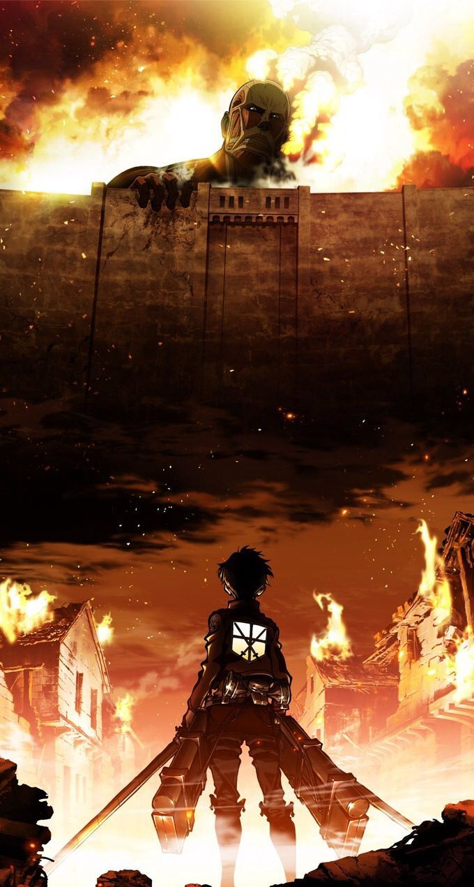 680x1270 Attack on titan: colossal titan overlooking the wall. Eren now a soldier looking at the colossal titan with Fiery background
