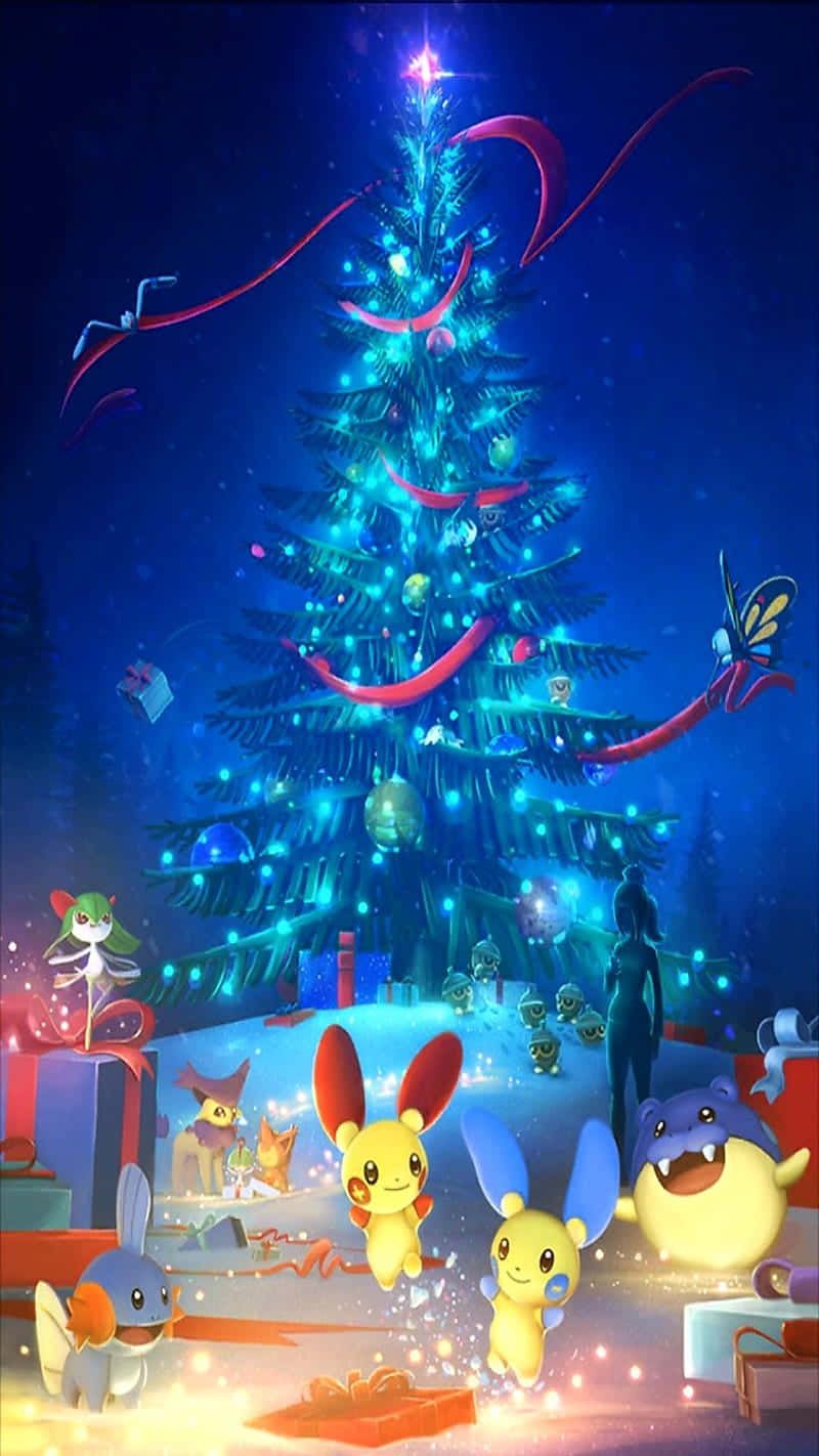 800x1422 Download Blue Lighted Pokémon Christmas Tree Wallpaper