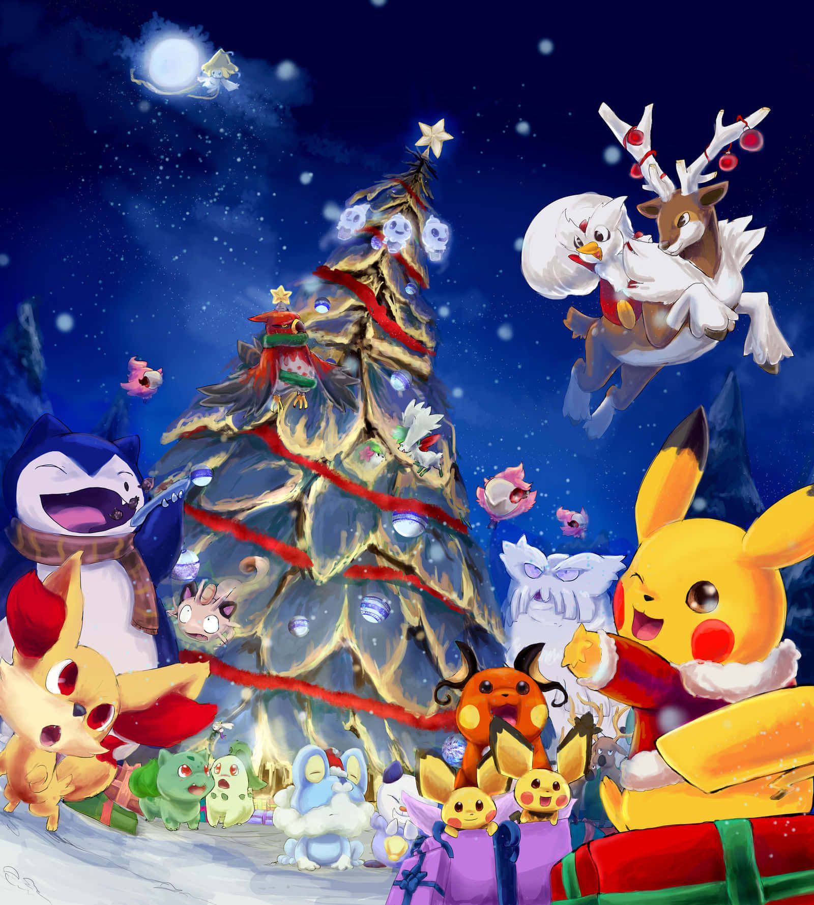 1600x1778 Download Celebrating Christmas with Pokemon Wallpaper