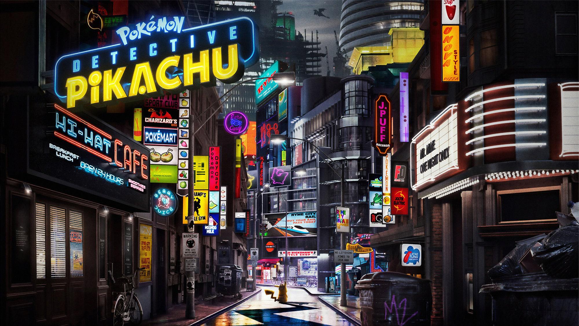 2000x1125 Detective Pikachu: Street Scene Anime Wallpaper, Pokemon Mural Decor for Kids Room, Game Room