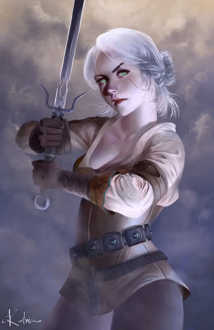728x1125 HD wallpaper: Emma Ronkainen, sword, video game characters, Ciri, scars, video game girls
