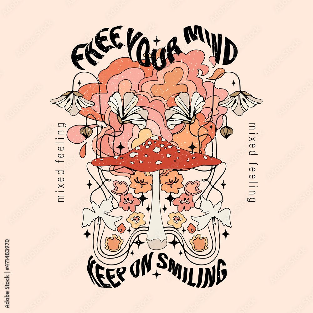 1000x1000 Photography Poster Free your mind slogan with colorful flowers and mushrooms