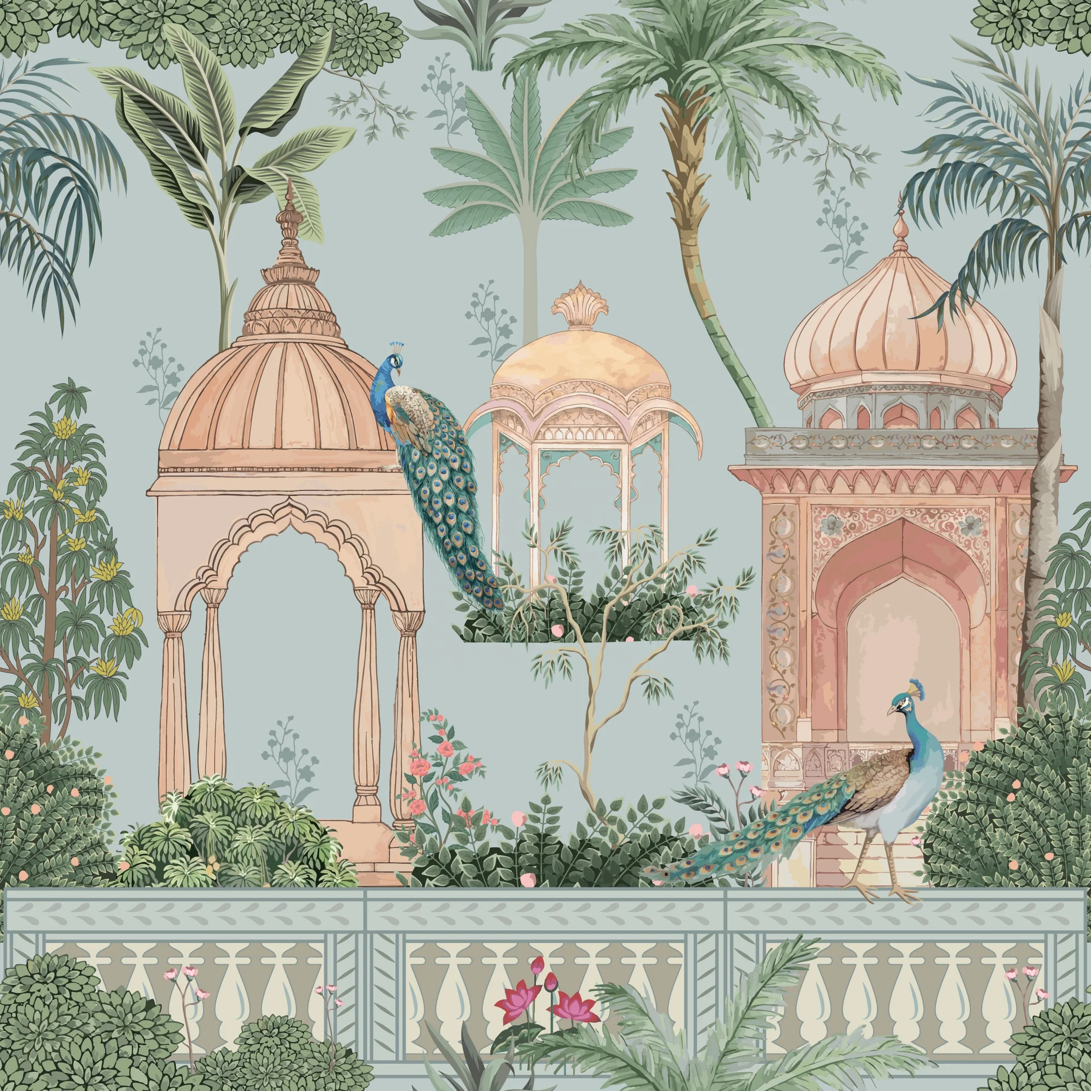 2160x2160 Traditional French Mughal Garden Temple Arch Palace Wall Mural Peacock Tree 3D Velvet Seamless Pattern Living Room Bedroom