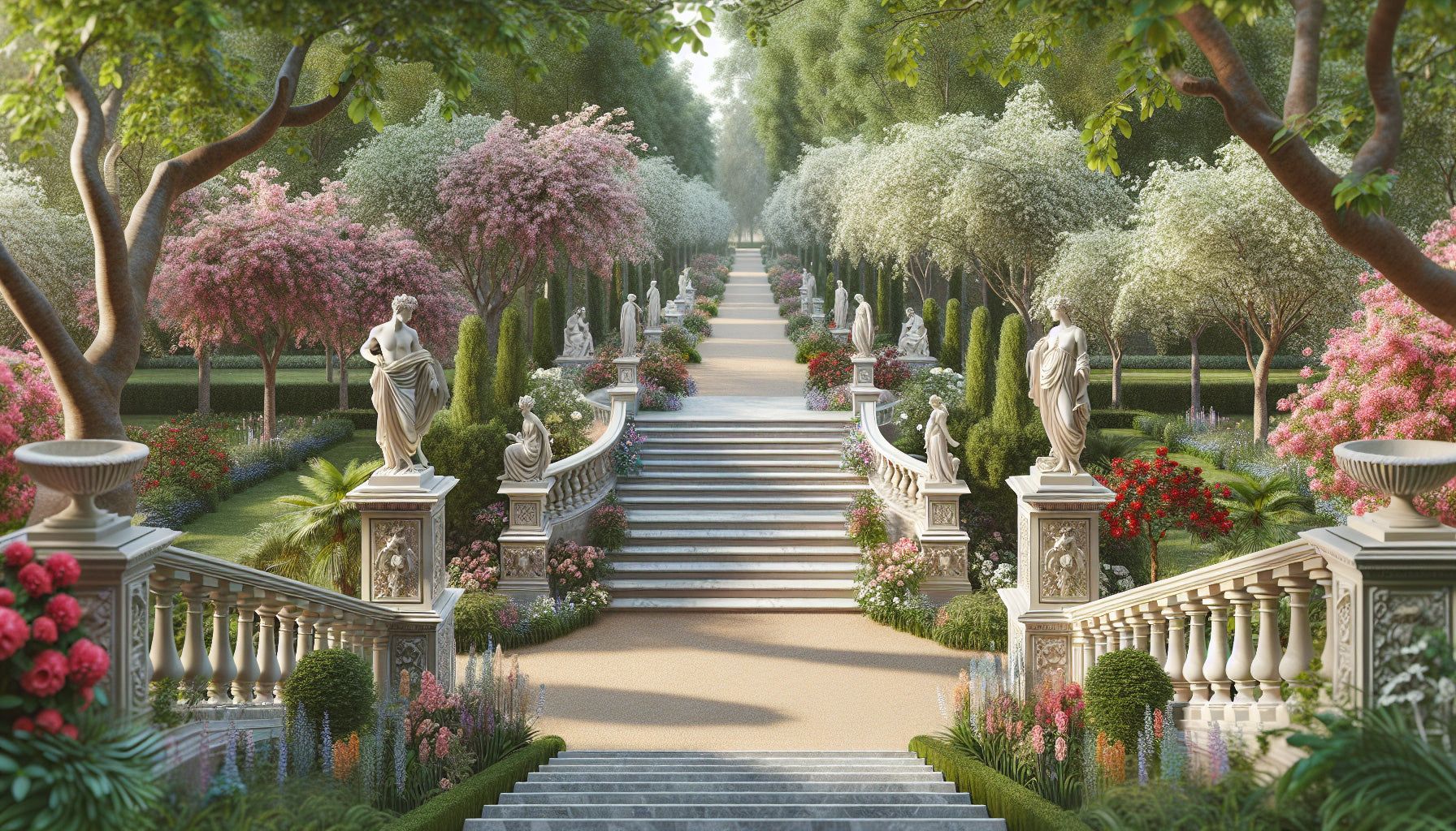 1792x1024 Mural Wallpaper Optical Illusion. Pathway in a Flower Garden with Anc