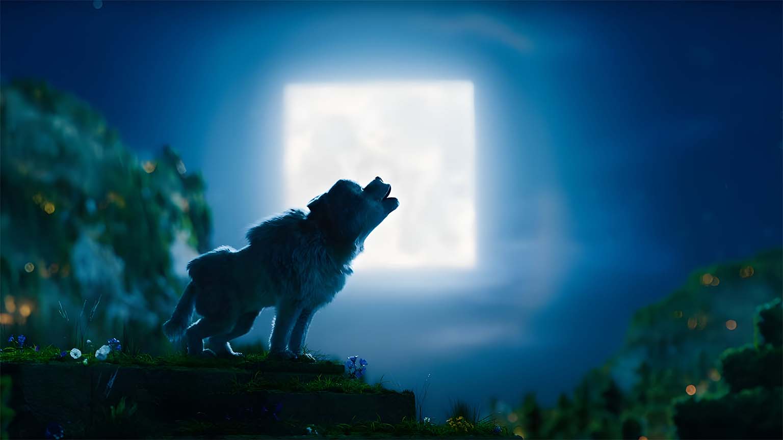 1536x864 Denis Wolf Howling Square Moon Minecraft Movie Wallpaper 4K