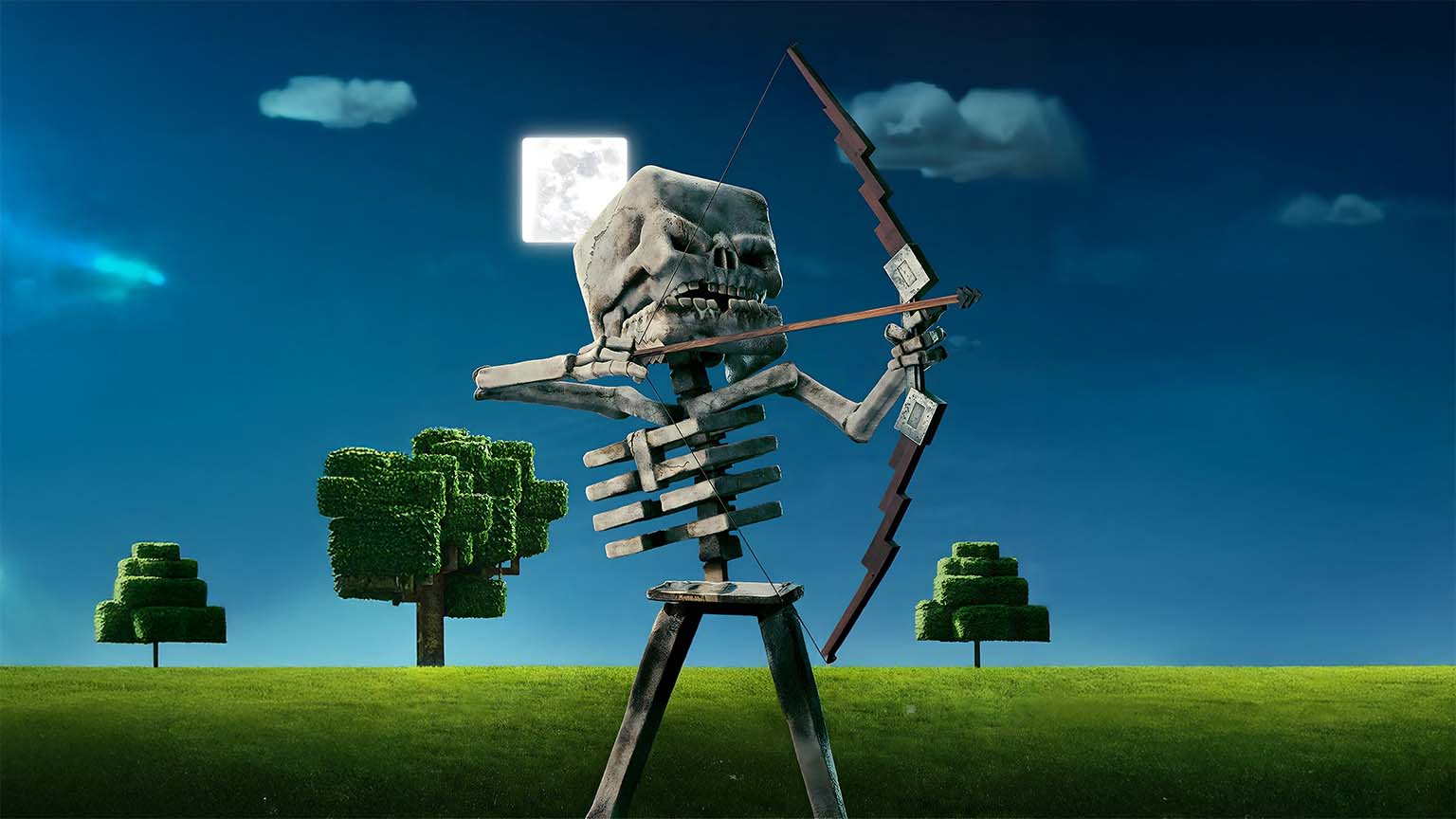 1536x864 Minecraft Movie Skeleton Bow Night Moon Desktop Wallpaper 4K