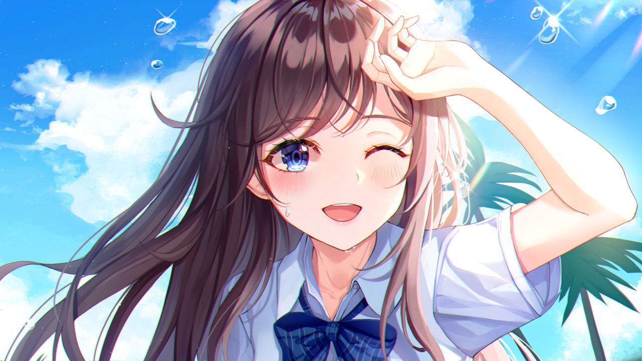 1280x720 Wallpaper girl, smile, beach, summer, anime, art, cartoon hd, picture, image
