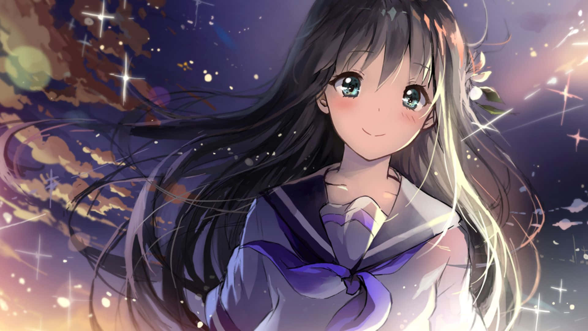 1920x1080 Download anime girl with long hair and a starry sky Background