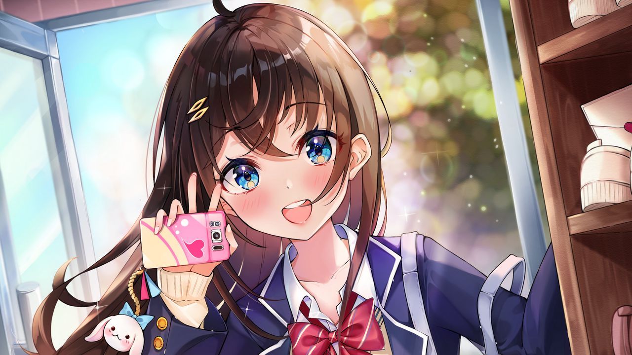 1280x720 Wallpaper girl, smile, phone, happy, anime, art hd, picture, image