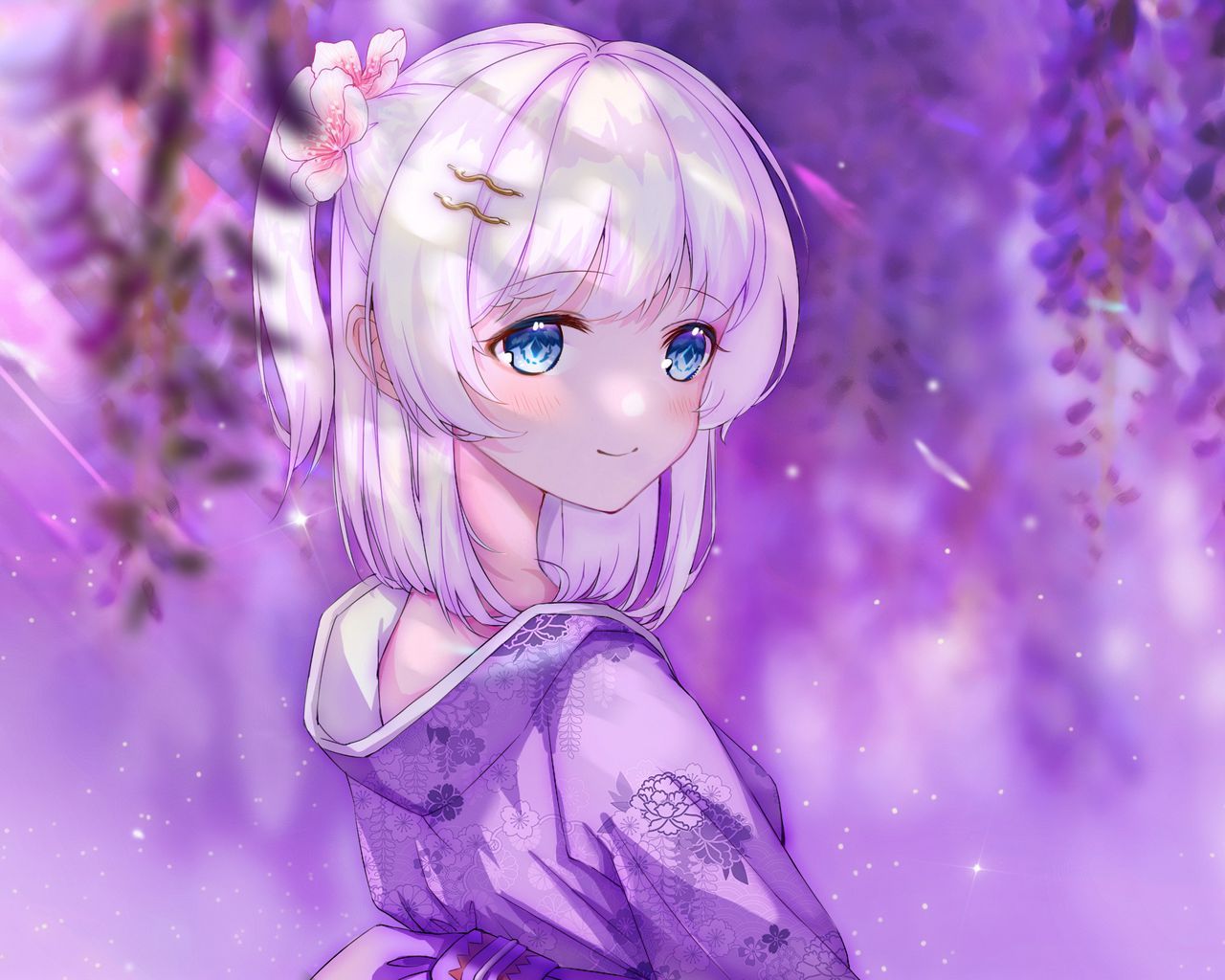1280x1024 Download wallpaper 1280x1024 girl, smile, kimono, anime, art, purple standard 5:4 HD background