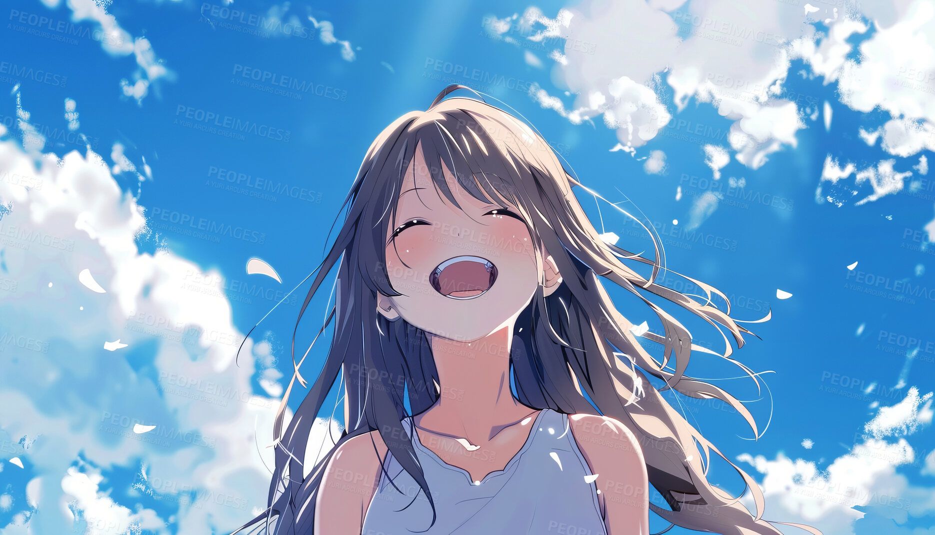 1870x1069 Smile, funny and girl outdoor with blue sky, clouds and nature on a background for wallpaper. Happy teen, excited or laughing for comedy with illustration, art and anime painting with color in