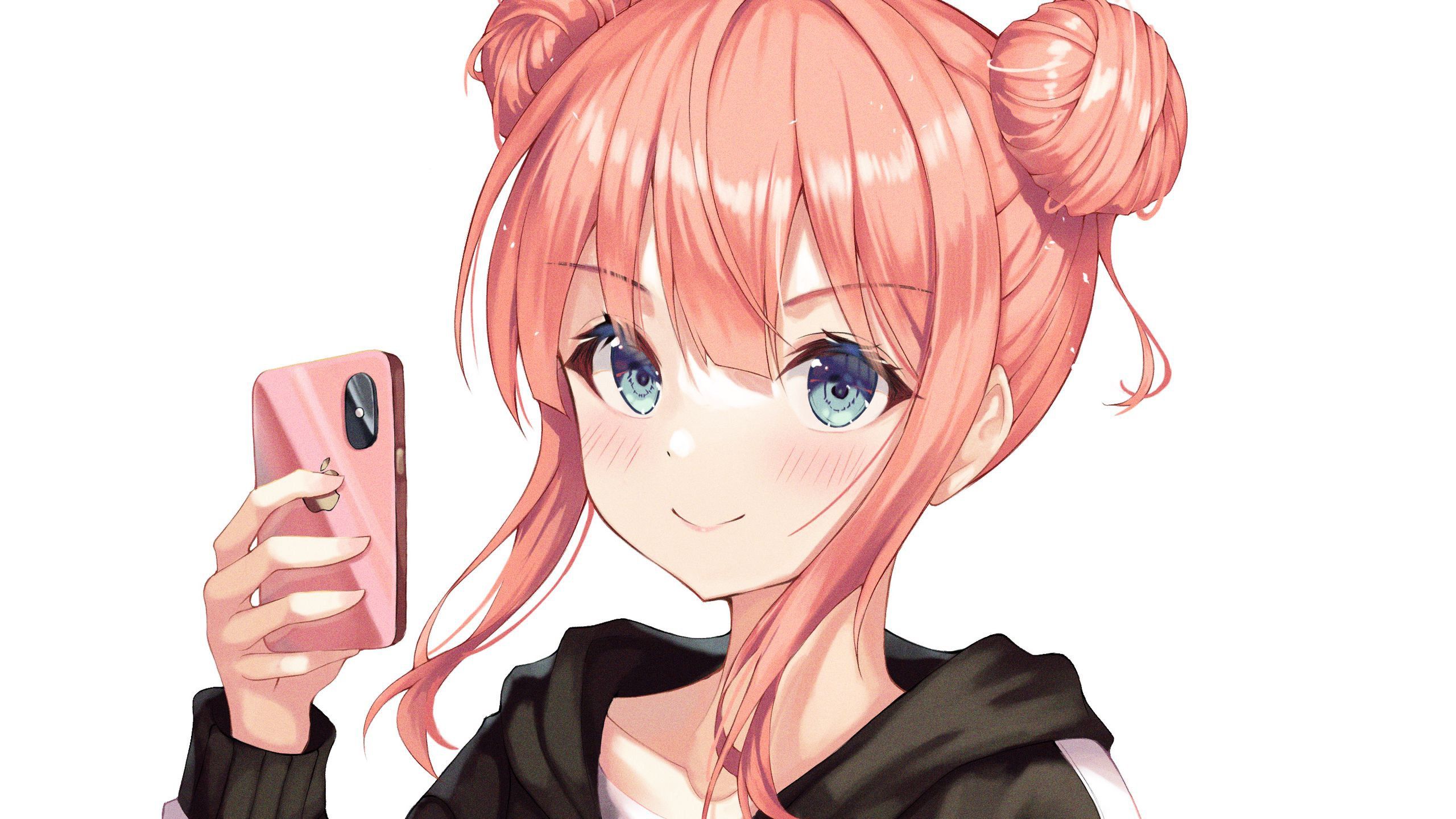 2560x1440 Girl; Smile; Blush; Phone; Anime Girl; White Background HD Anime Girl Wallpaper