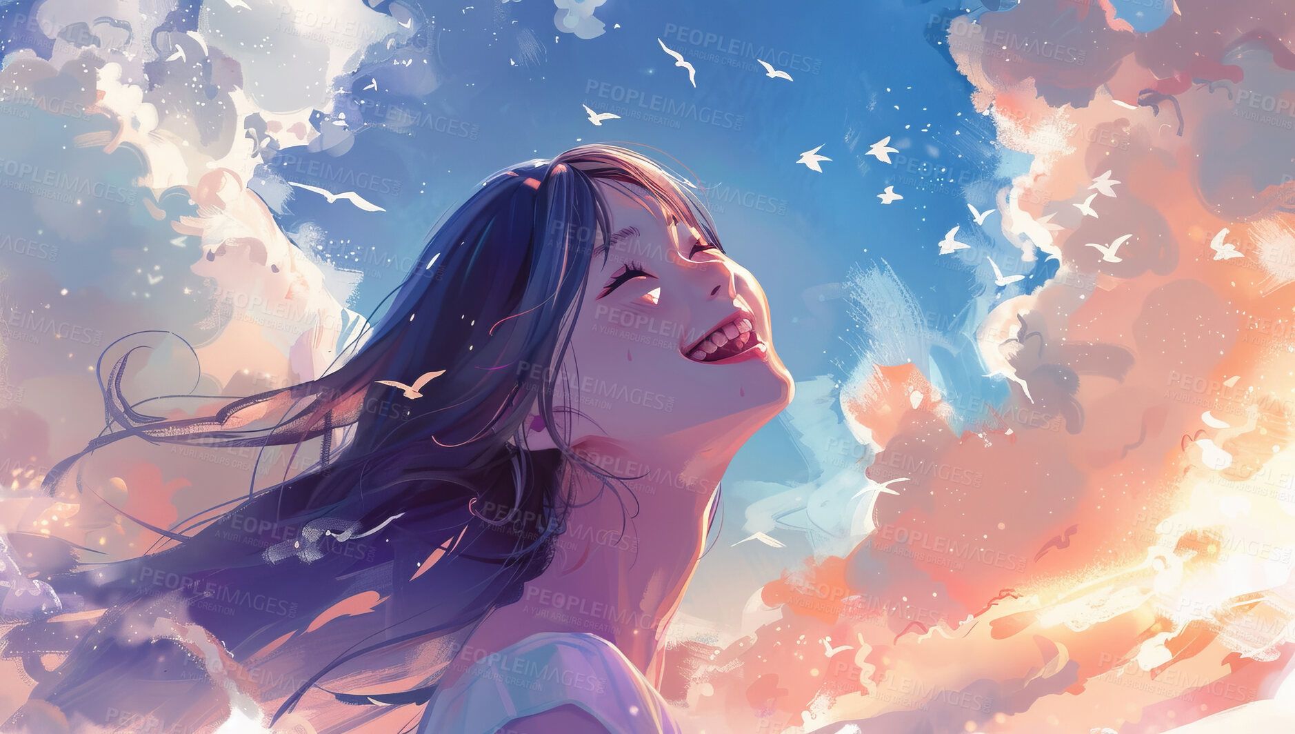 1878x1064 Smile, funny and girl outdoor at sunset with sky, clouds and nature on a background wallpaper. Happy teen, excited or laugh for comedy with illustration, art and anime painting with birds in