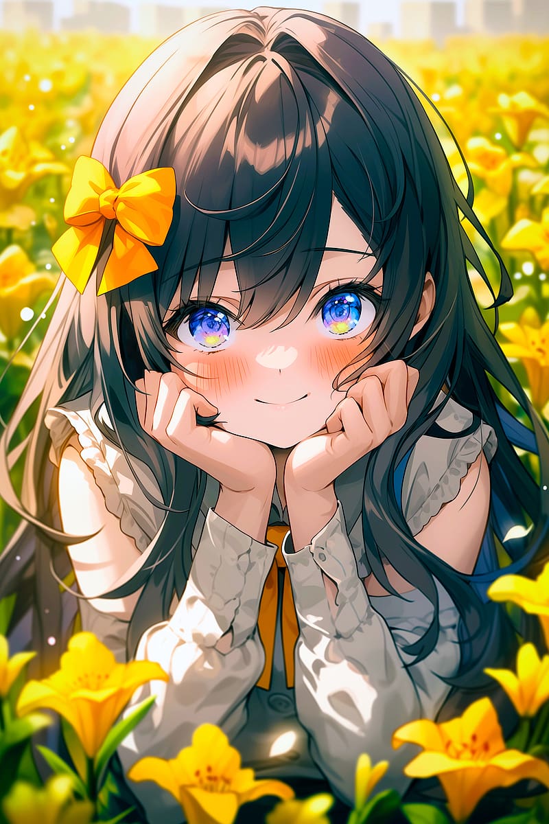 800x1200 Girl, smile, bow, flowers, field, yellow, anime, HD phone wallpaper