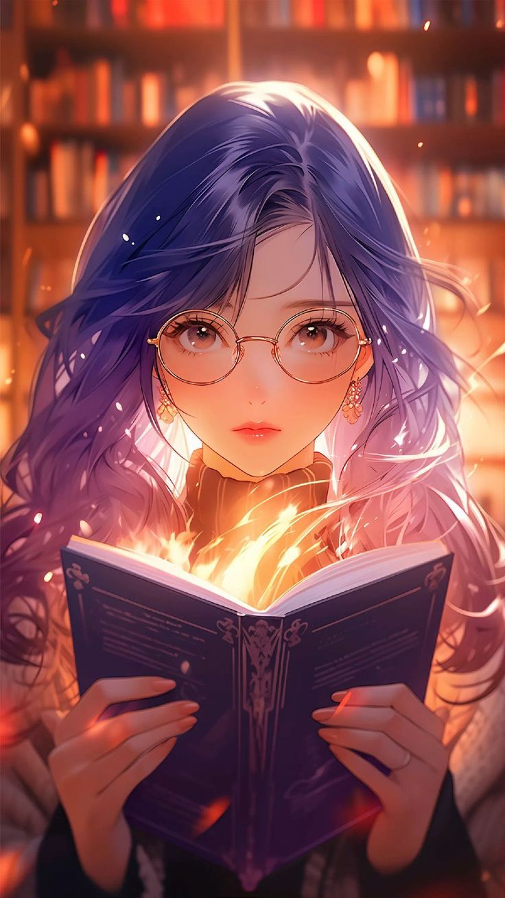 736x1308 Wallpaper girl, glasses, book, magic, glow, art, Fantasy 4K by ВиКуСя. Download wallpaper girl, glasses, book, magic, glow, art for free