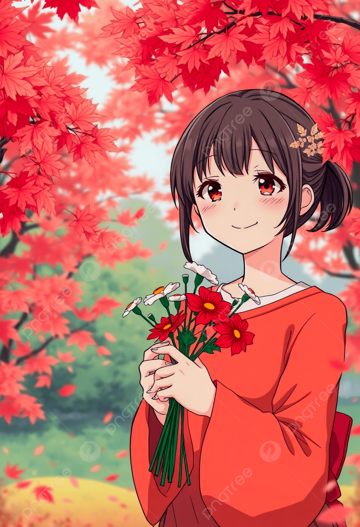 1200x1754 Japanese Style Cartoon Autumn Bliss A Girl Holding Flowers With Radiant Smile Background Wallpaper Image For Free Download