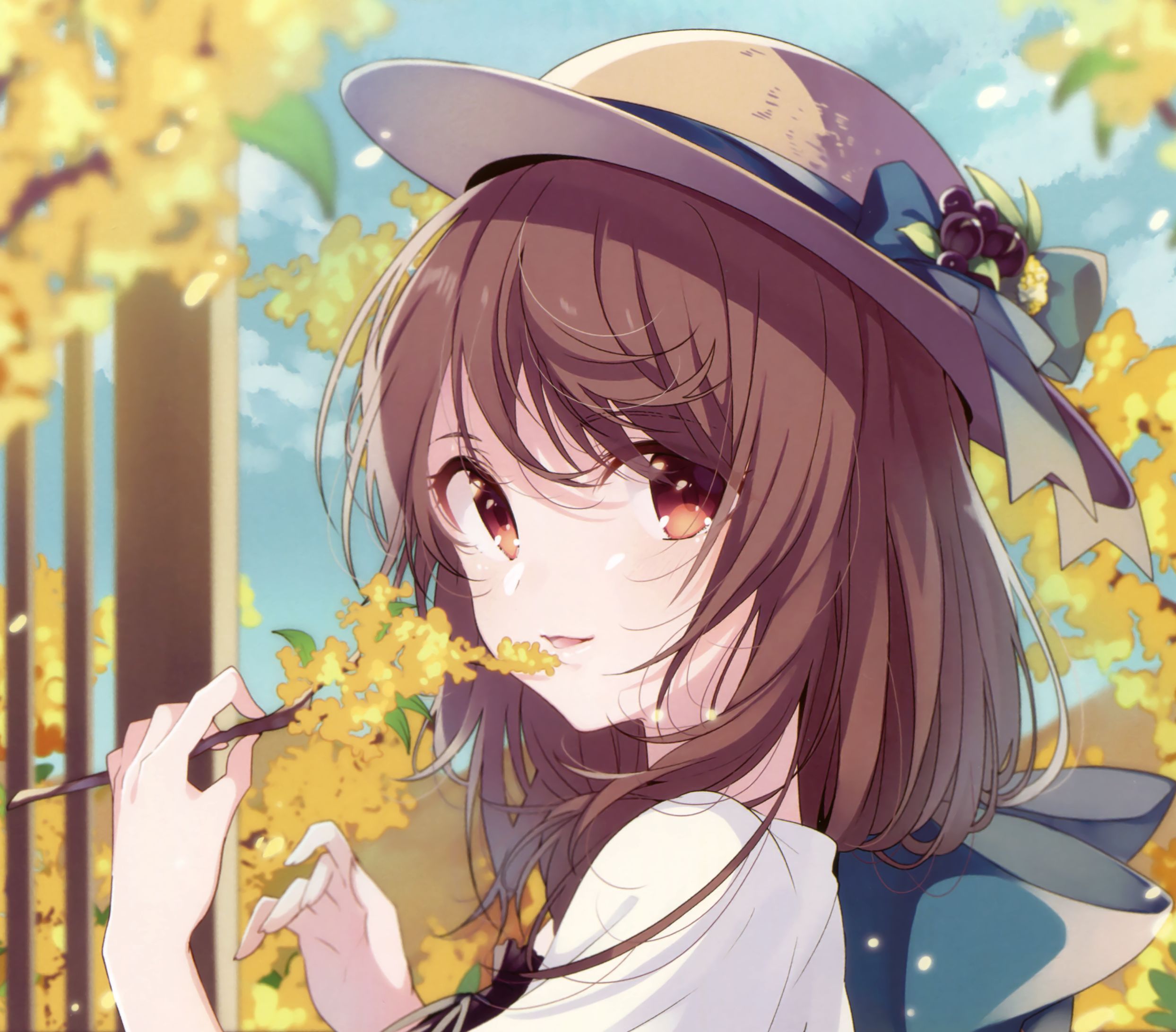 2488x2184 Phone wallpaper: Anime, Original, Blush, Bow (Clothing), Brown Eyes, Brown Hair, Flower, Hat, Long Hair, Smile 884256