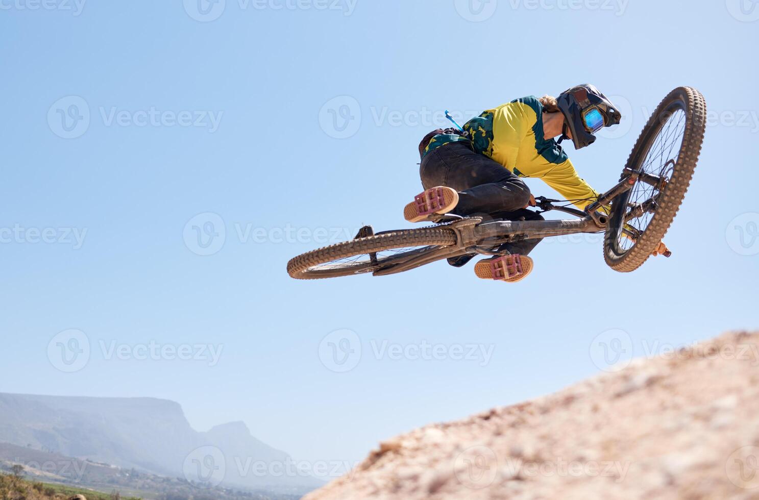 1487x980 Nature, cycling and man jump with bike in air stunt, performance and outdoor sport exercise in