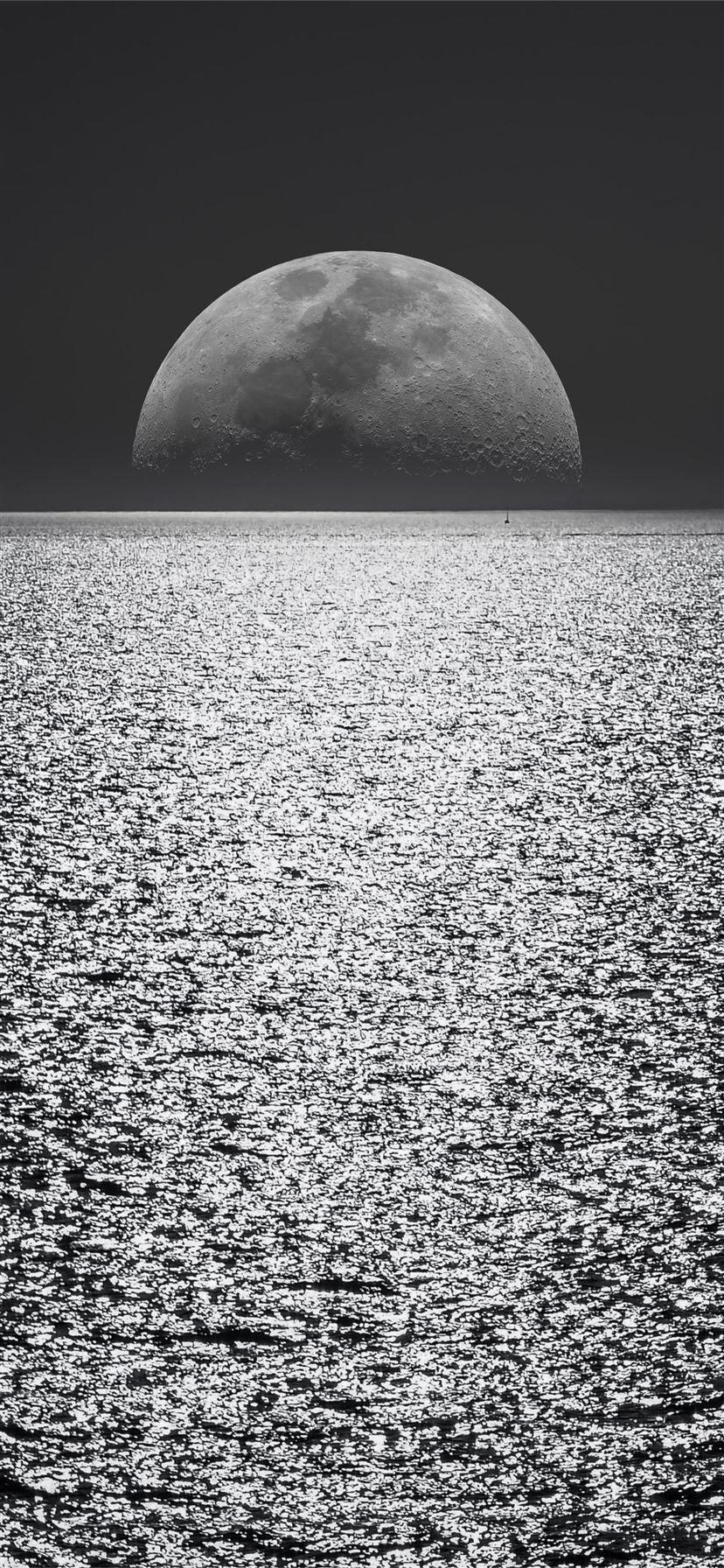 828x1792 black and white moon ocean during night time iPhone 11 Wallpaper 4K of Wallpaper for Andriod
