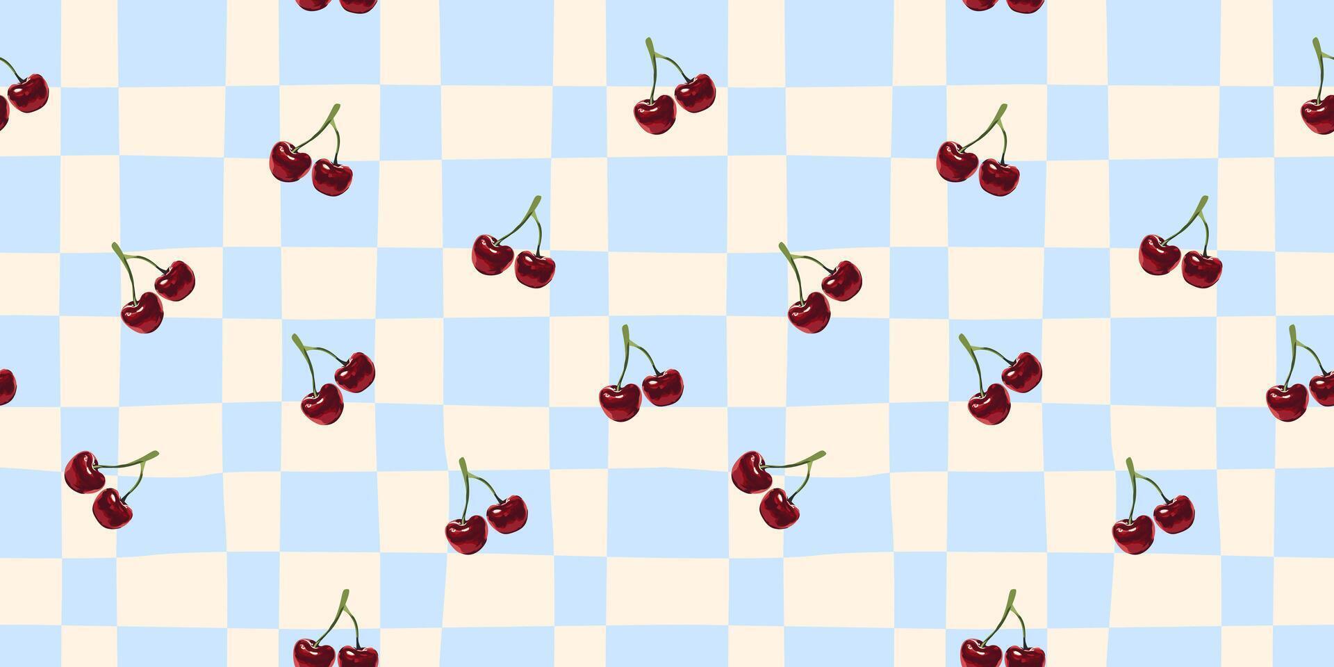 1920x960 Seamless Cherry Pattern with Blue Gingham Background. Cute Red Fruit Design for Fabric, Wrapping Paper, and Wallpaper