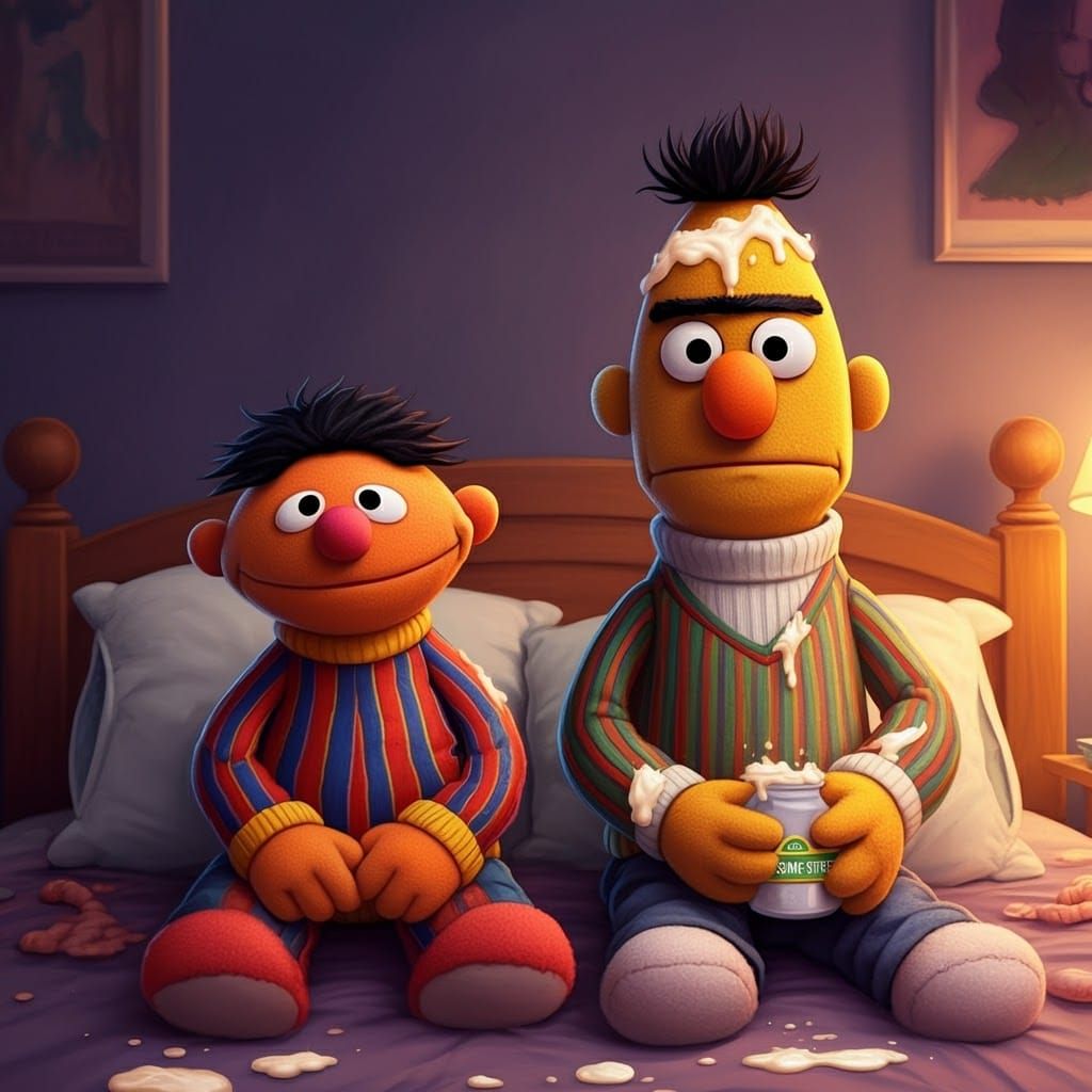 1024x1024 Bert and Ernie and Ernie: Cartoon Mayhem in a Bedroom