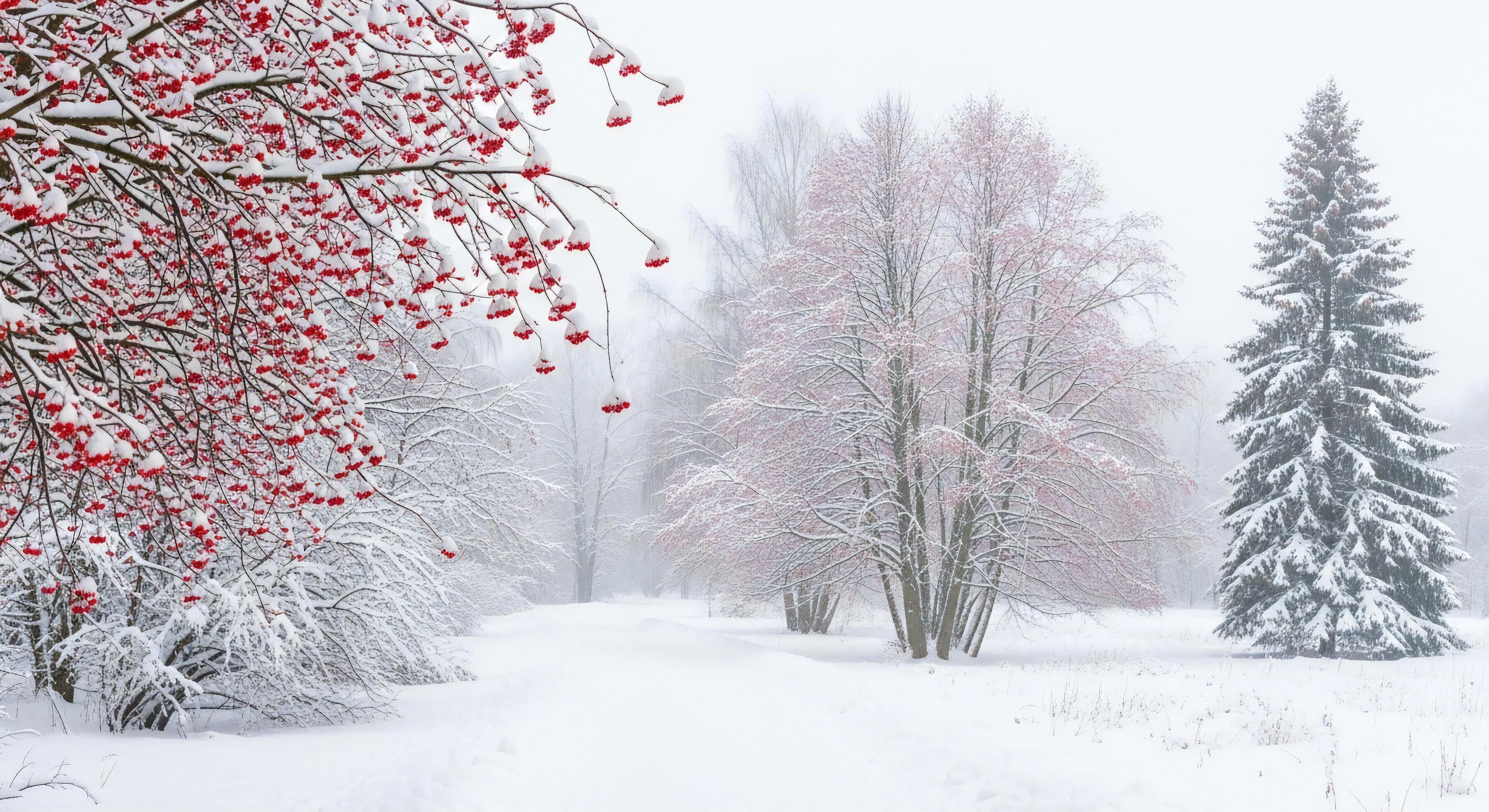 3593x1960 Nature background, Nature wallpaper, Snow covered branches with red berries bare trees with pinkish hues and a large fir tree in a winter landscape