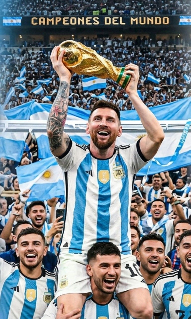 768x1280 Lionel Messi lifting the World Cup trophy emotional expression stadium lights glowing Argentina jersey HD Messi Wallpaper