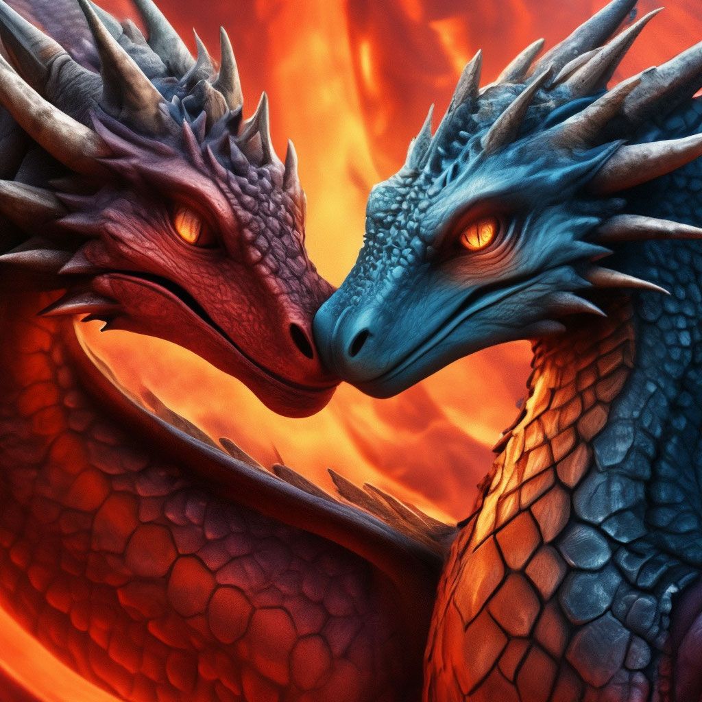 1024x1024 Dragons in love, from a cartoon, professional realistic drawing on a lava