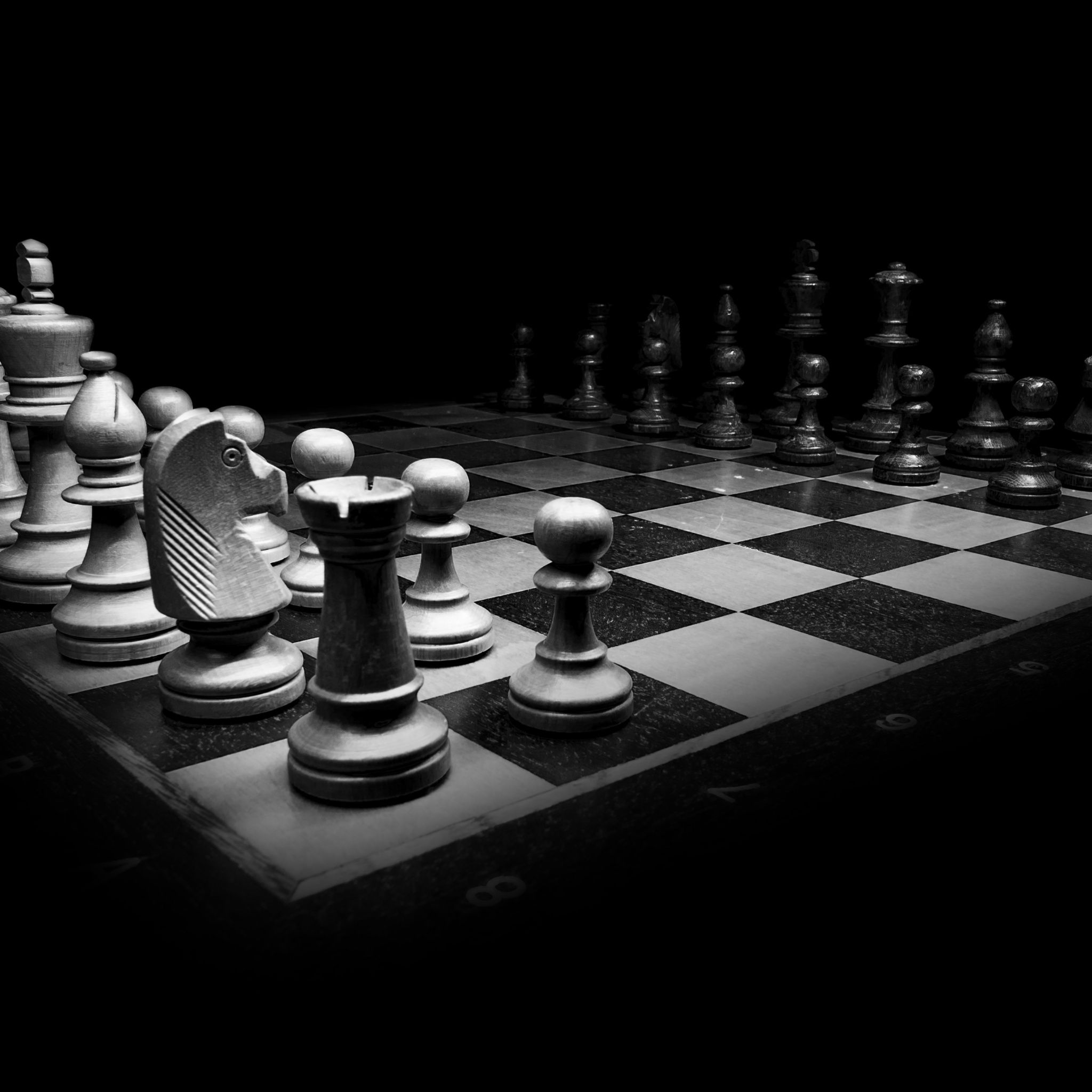 2048x2048 Chessboard Wallpaper 4K, Black and White, Chess pieces