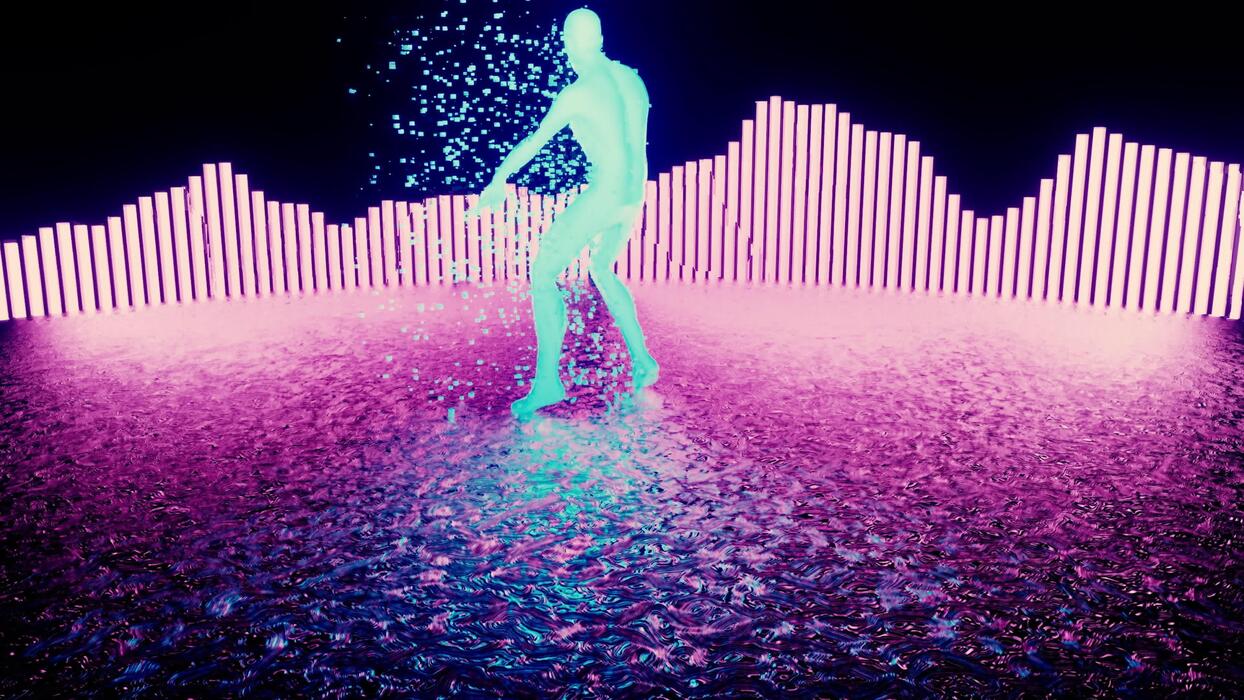 1244x700 Dancing man abstract silhouette on the background of light particles and equalizer. Design. Concept of party and night club
