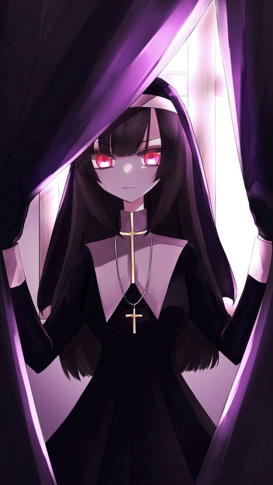 938x1668 Download Wallpaper 938x1668 Girl, Nun, Anime, Art, Purple Iphone 8 7 6s 6 For Parallax HD Background