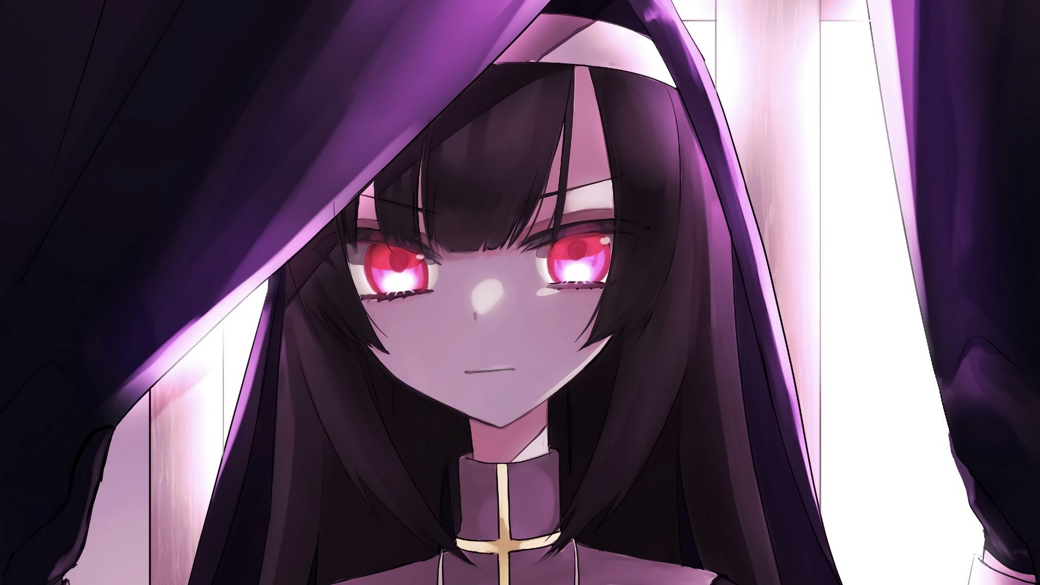 2048x1152 Download wallpaper 2048x1152 girl, nun, anime, art, purple ultrawide monitor HD background