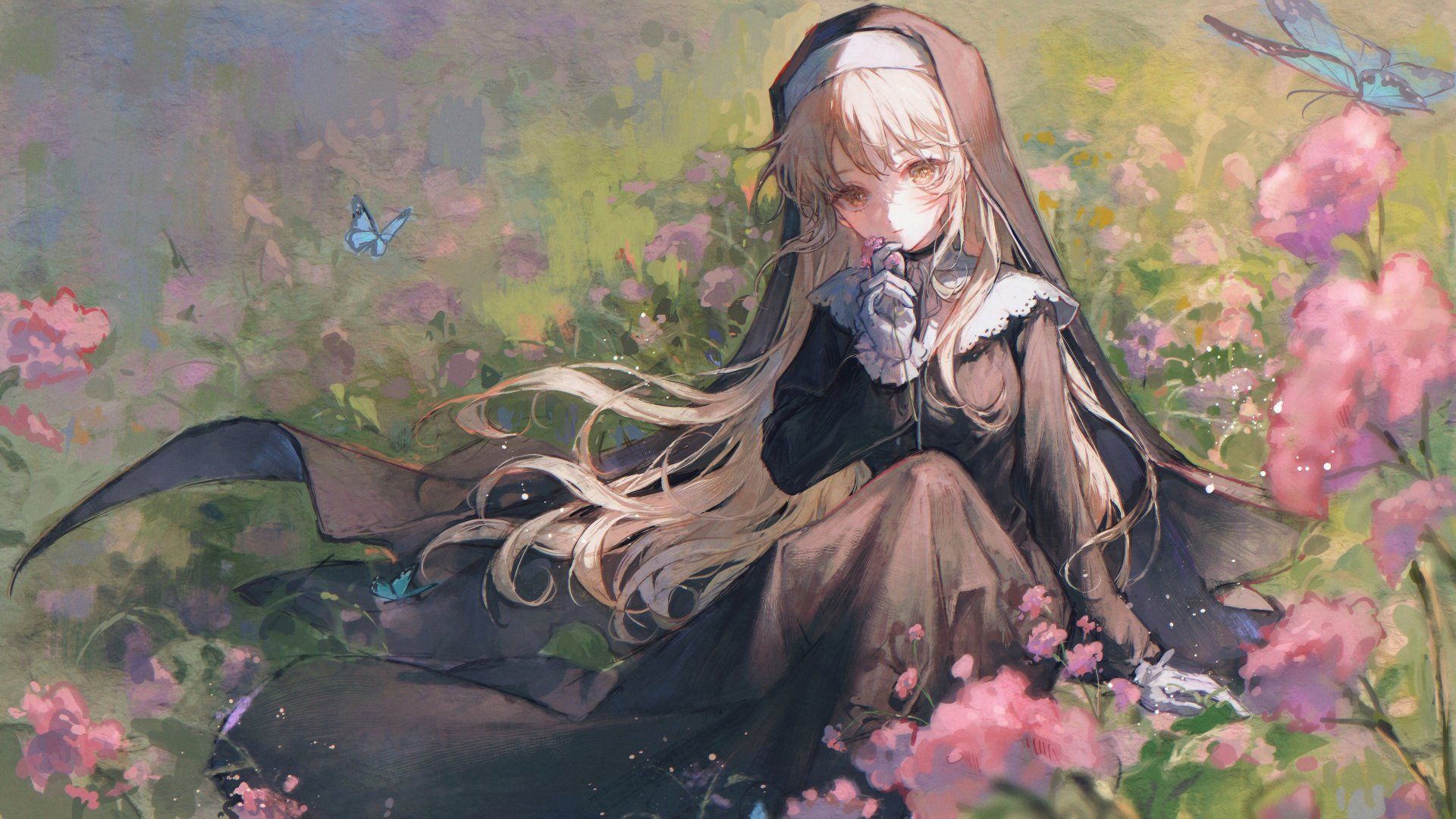 1920x1080 Sister Cleaire: Blonde Nun Amid Blossoms & ButterfliesK Nijisanji Vtuber Wallpaper