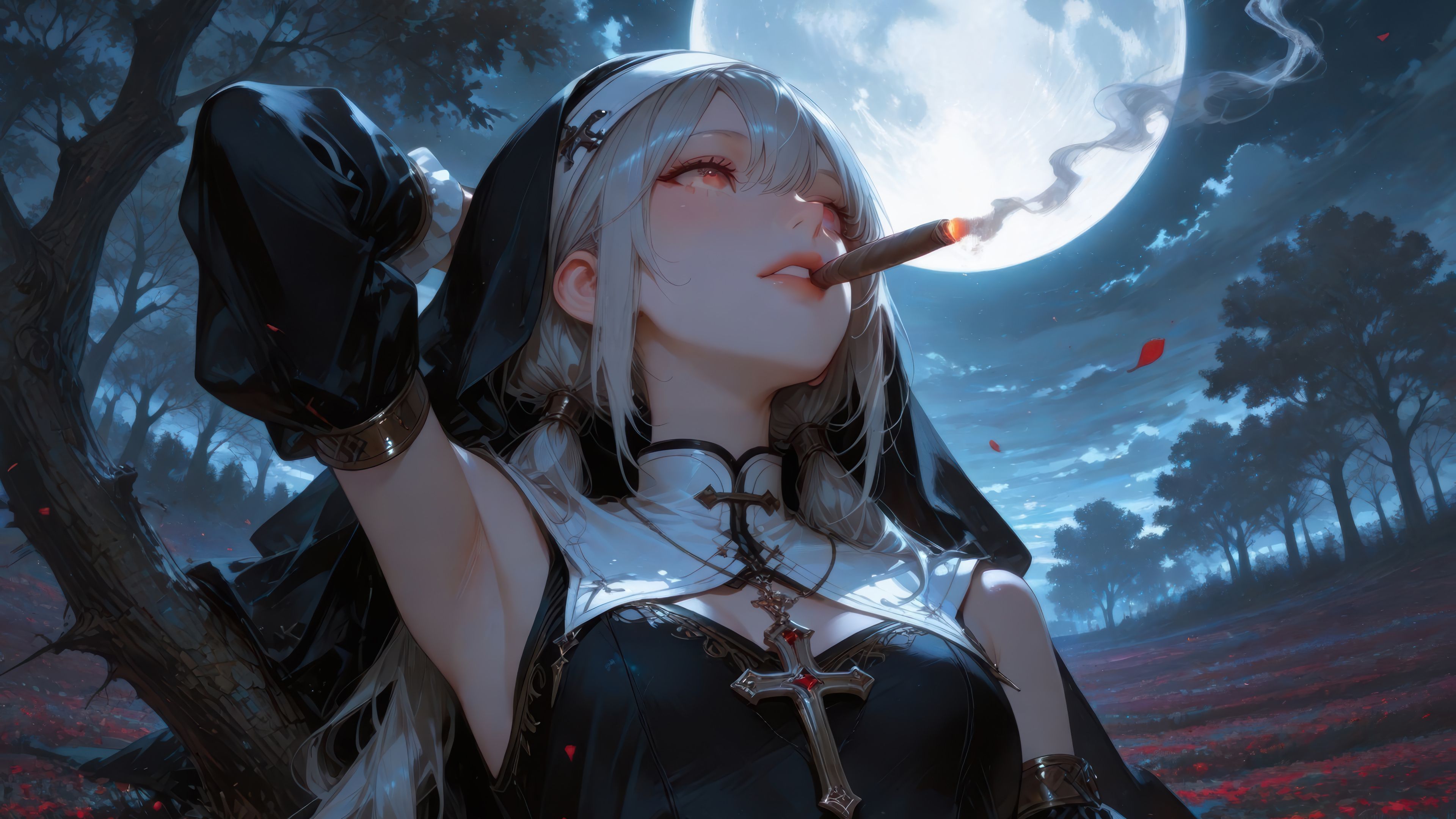 3840x2160 Anime Girl Nun Smoking Night Moon Wallpaper 4K HD PC k