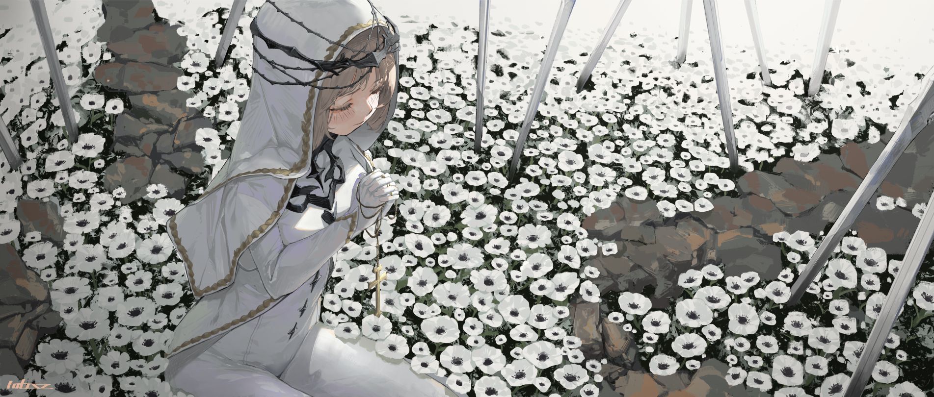 1903x810 closed eyes, nuns, anime, anime girls, flowers, nun outfit, praying, crossx810 Wallpaper