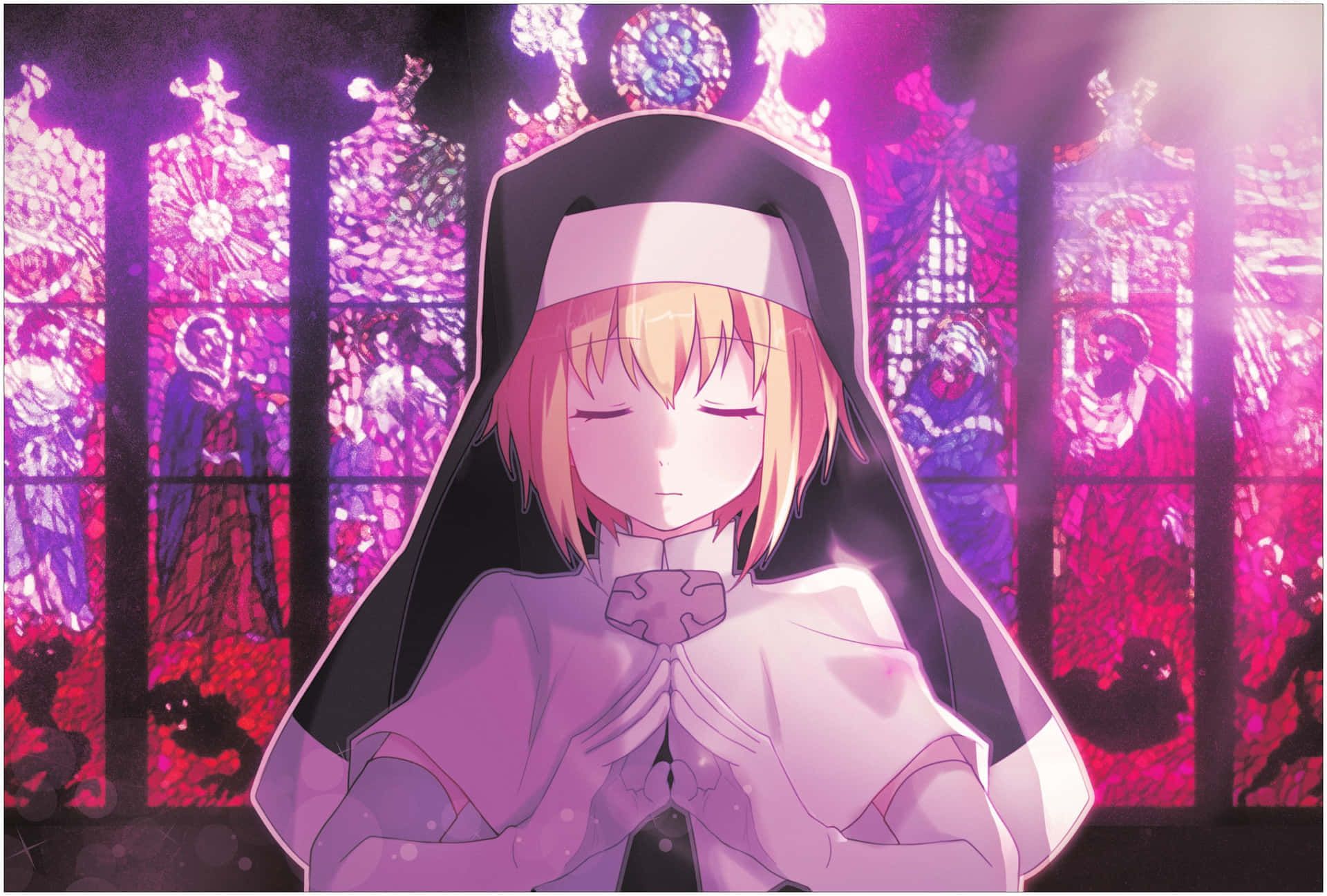 1920x1297 Download Fire Force Iris Praying Stained Glass Background Wallpaper