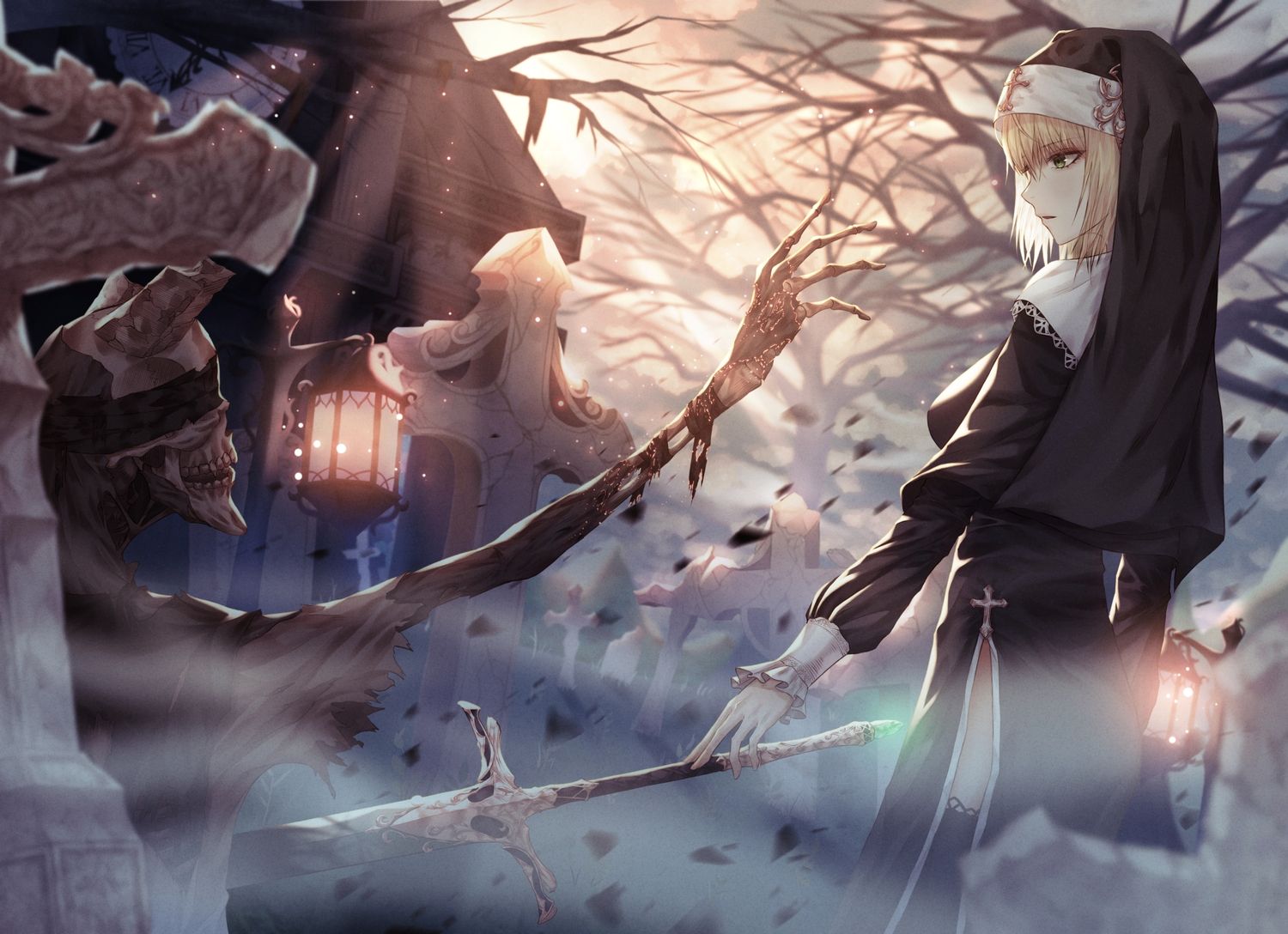 1500x1088 original dlwhdals901 blindfold blonde hair bones building cross green eyes headdress nun short hair skull sky stockings sword thighhighs tree weapon