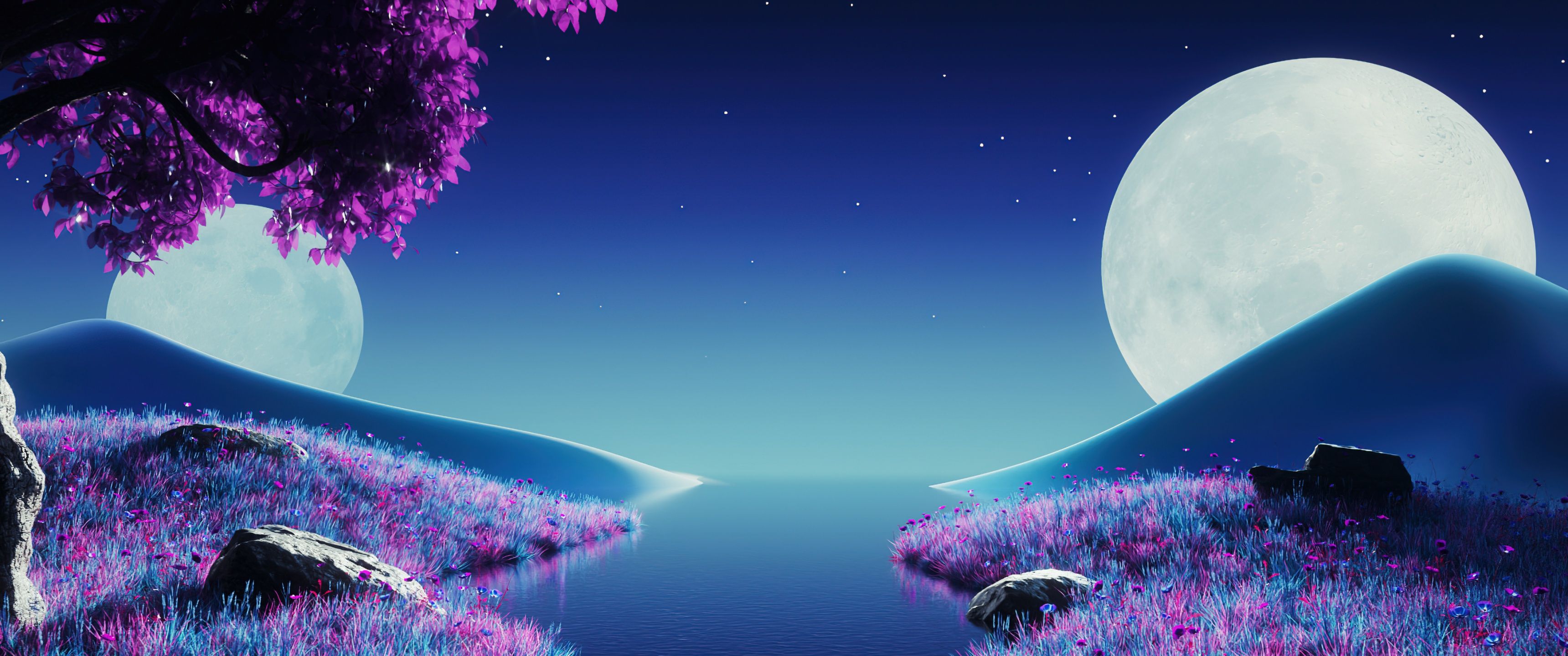 3440x1440 Purple aesthetic Wallpaper 4K, Landscape, Moonlight, Nightscape