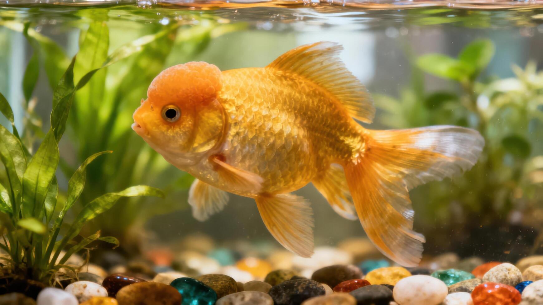 1742x980 Colorful Oranda Goldfish Swimming in a Freshwater Aquarium, Black Background