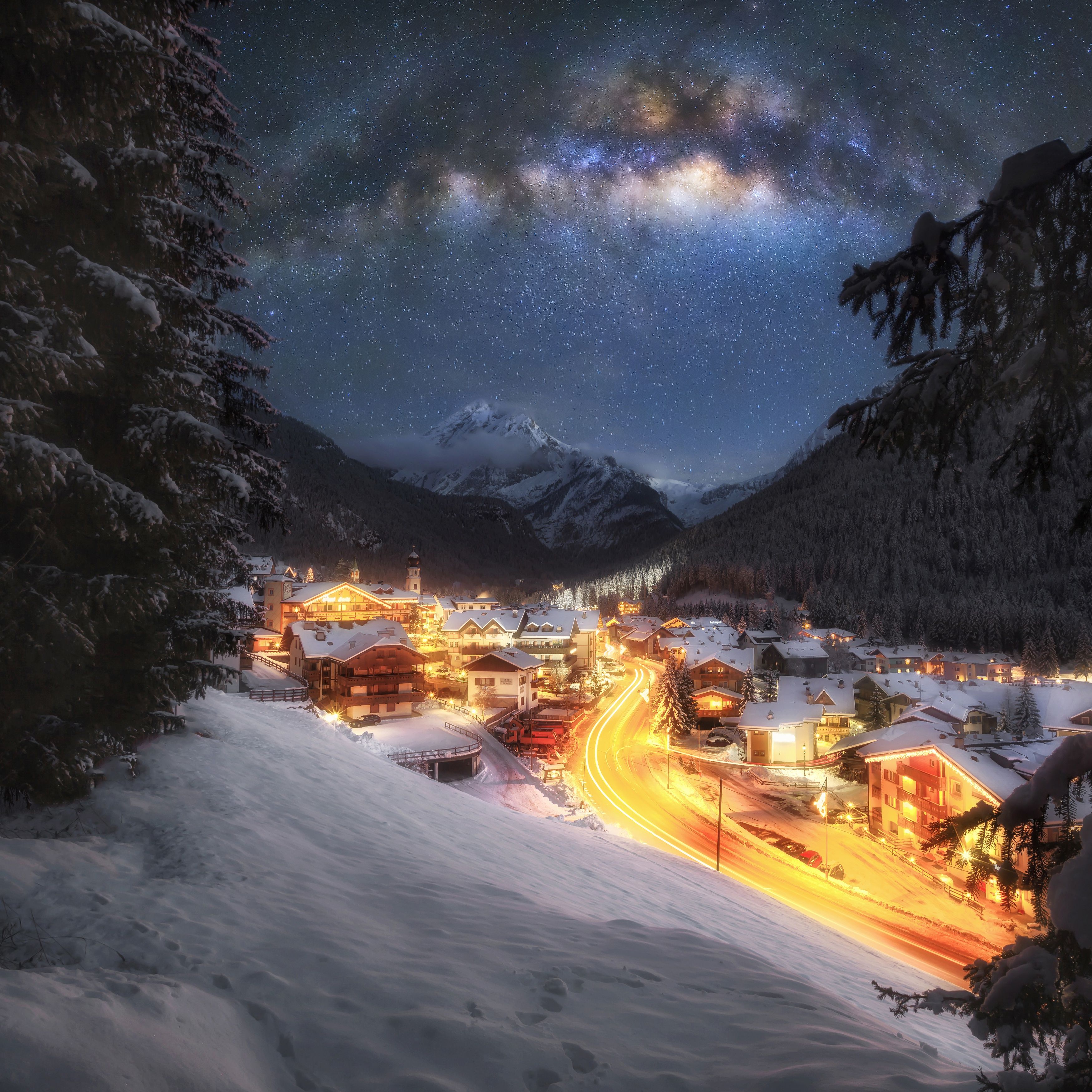 3500x3500 Free winter, road 3K wallpaper for desktop and phone