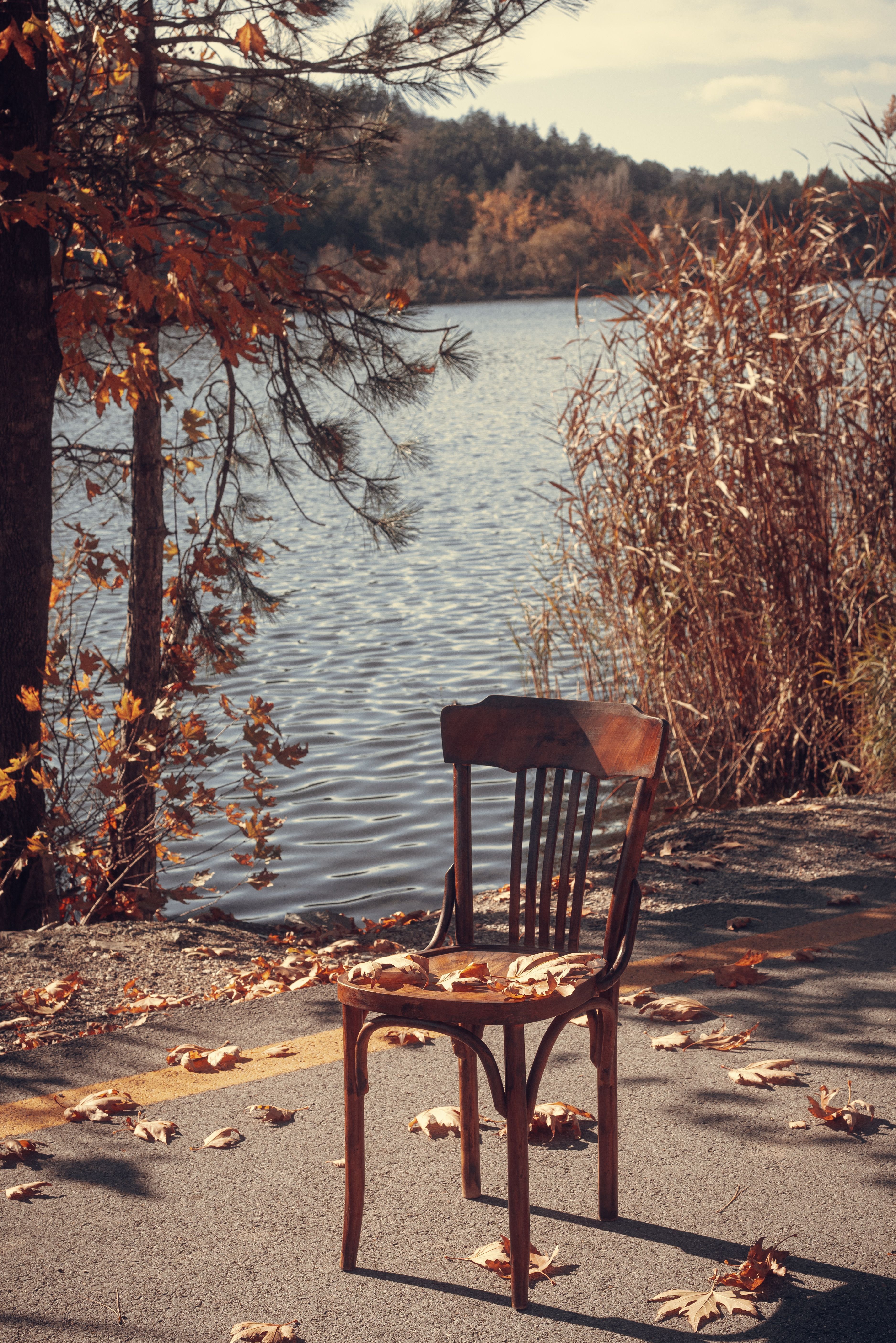 3751x5626 Wooden Chair and River in Autumn · Free