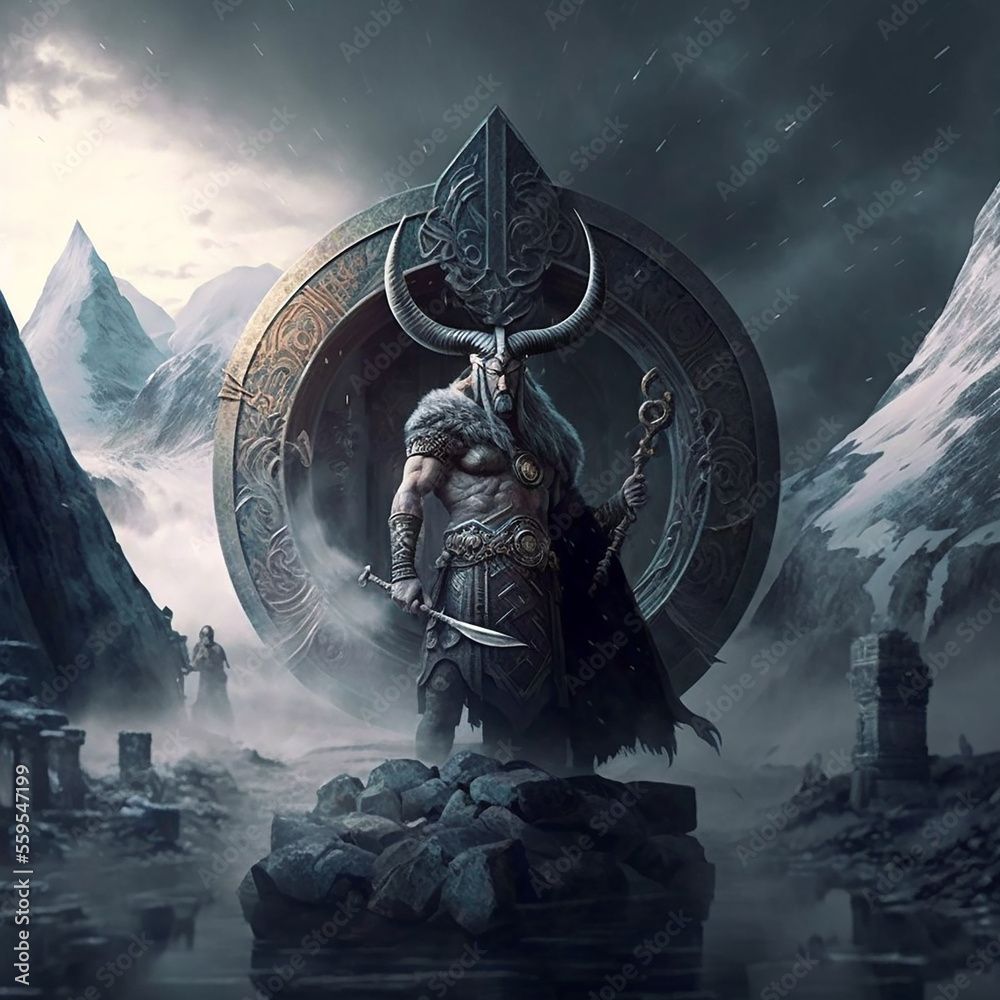 1000x1000 Alfheim is the land of the elves in Norse mythology. Alfheimr is the home of the light elves. Created with Generative AI technology. Stock Illustration